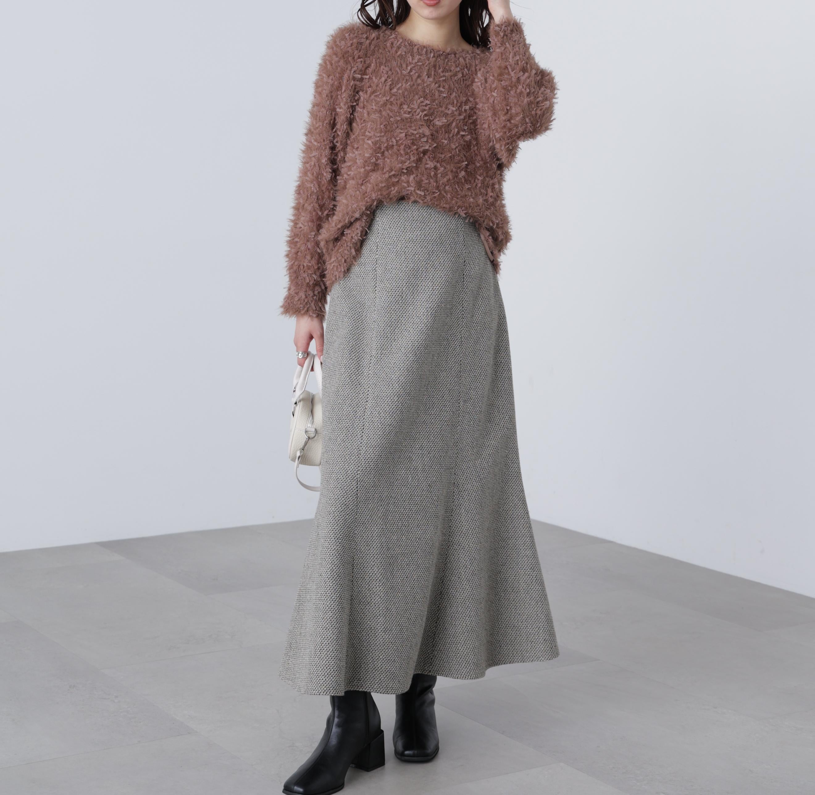 前後2wayチュールフェザーミックスミドル丈ニット ブラウン