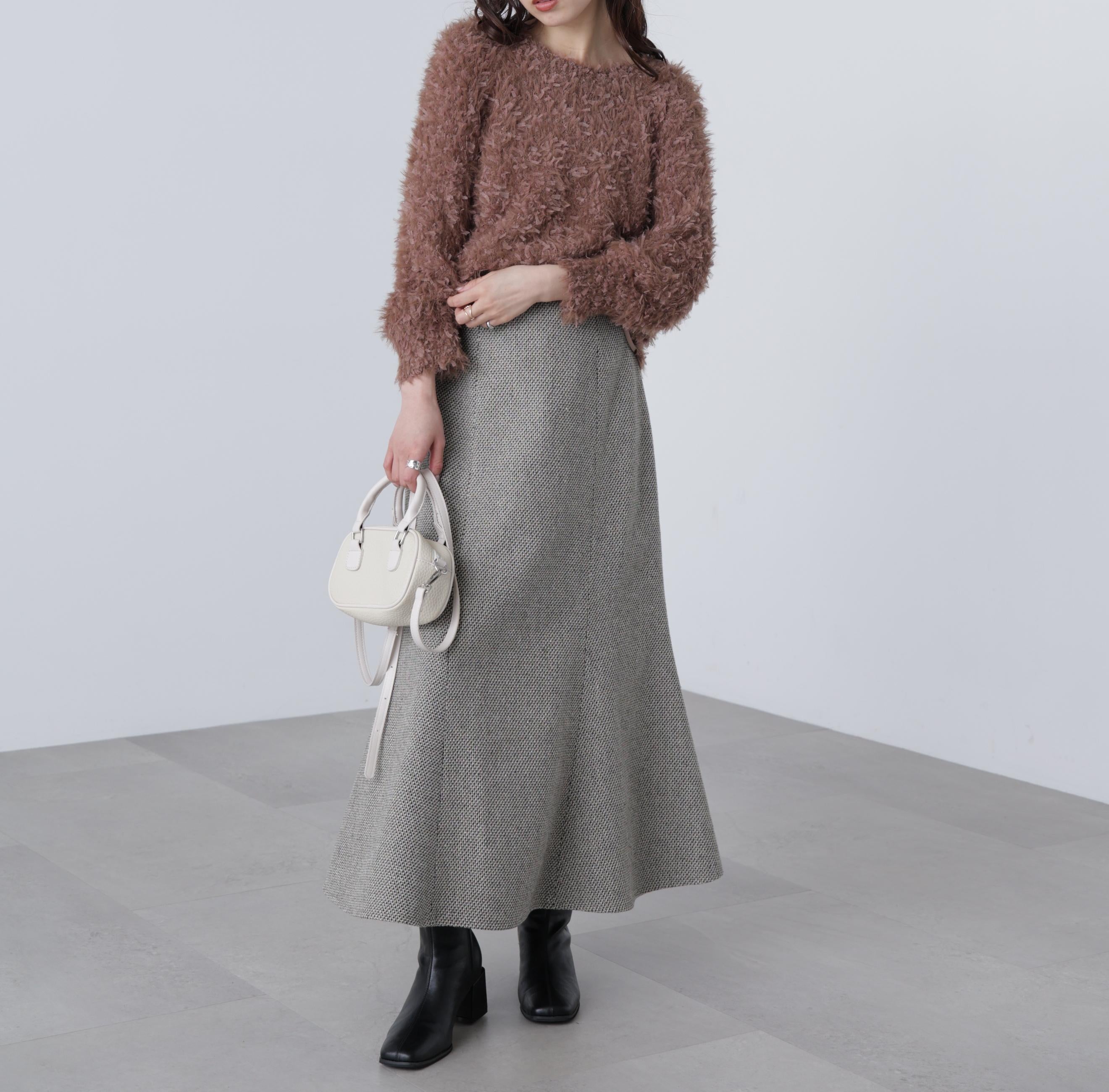 前後2wayチュールフェザーミックスミドル丈ニット ブラウン