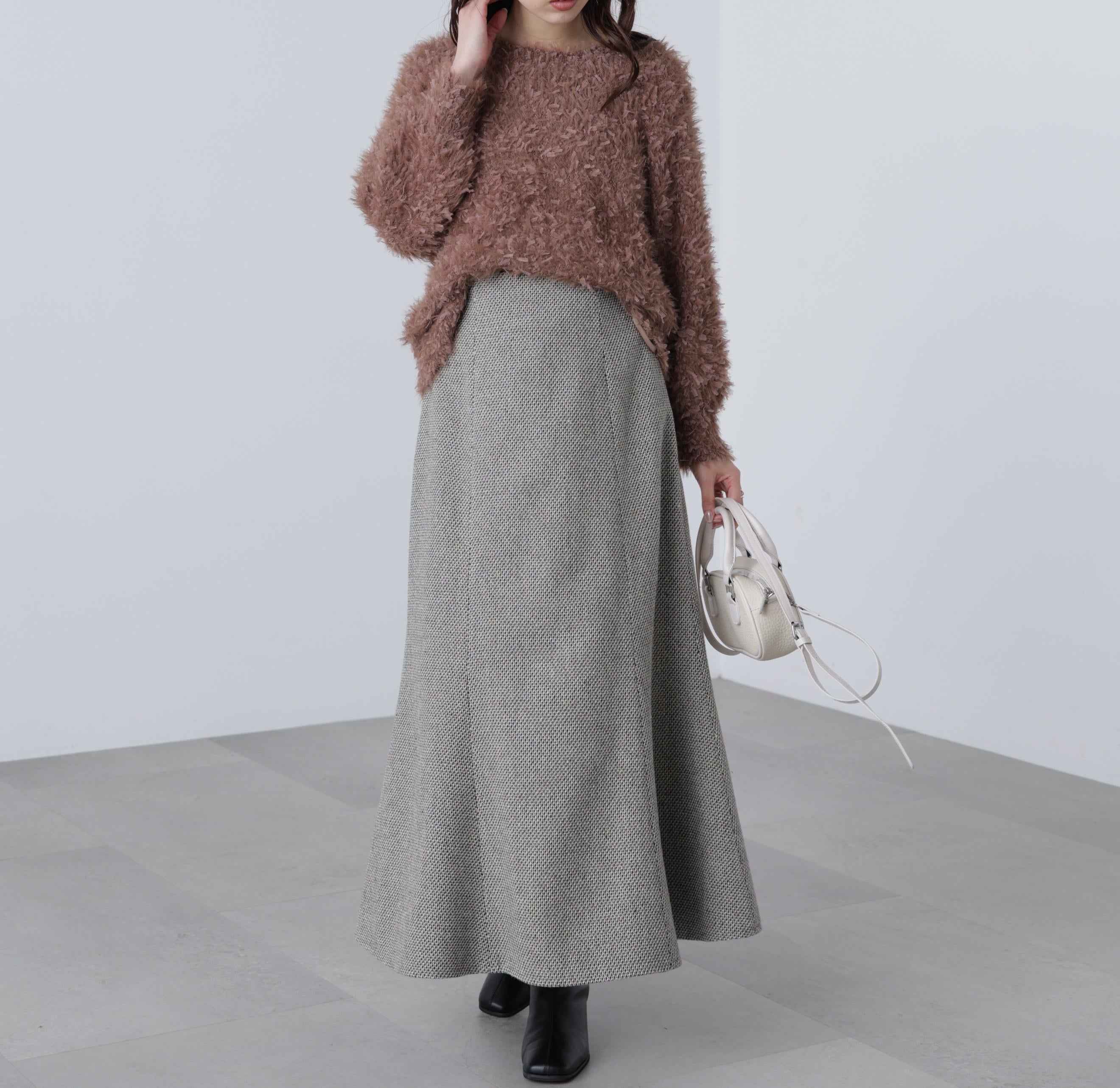前後2wayチュールフェザーミックスミドル丈ニット ブラウン