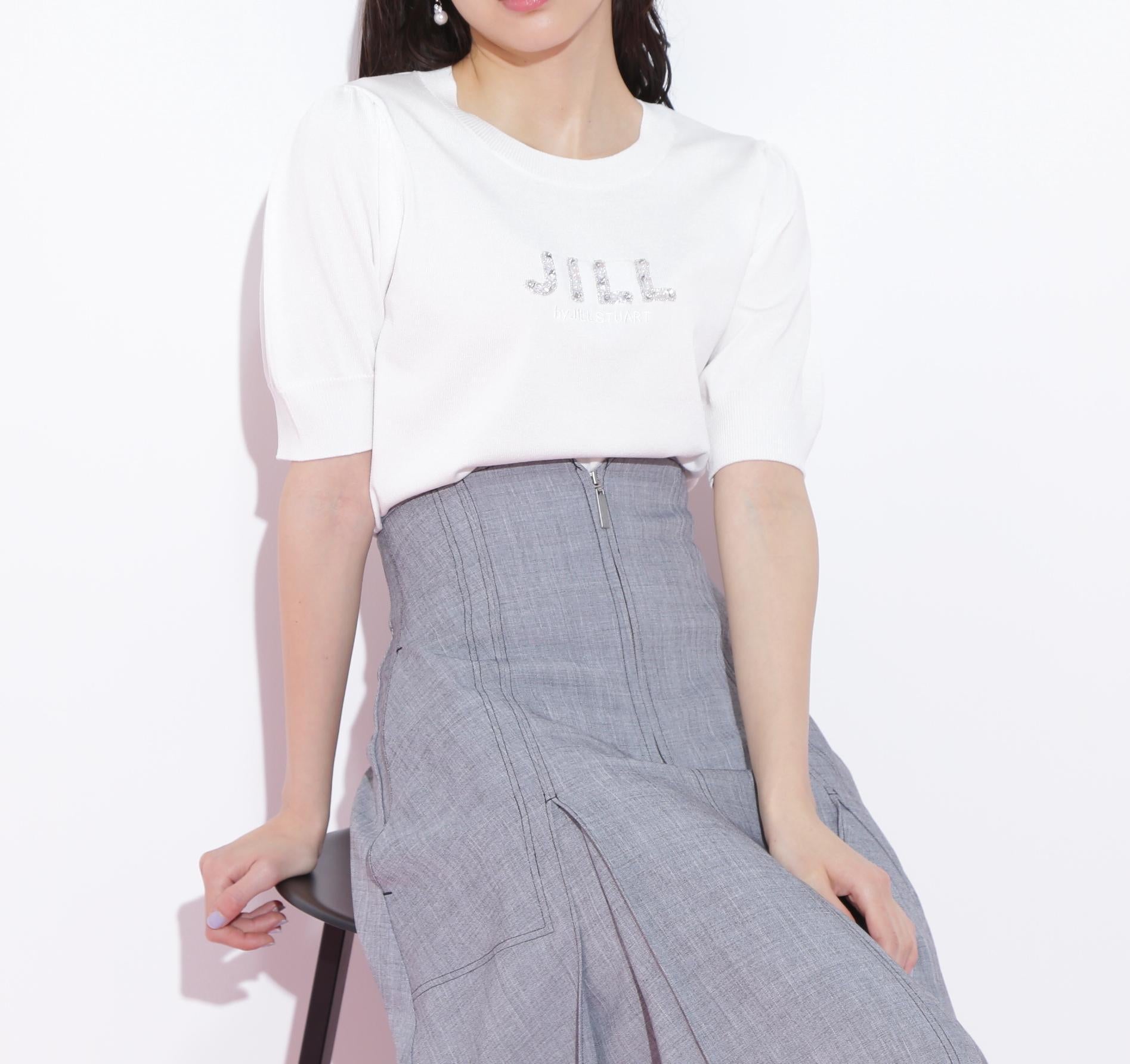 パールミニロゴパフスリーブニットトップス ホワイト