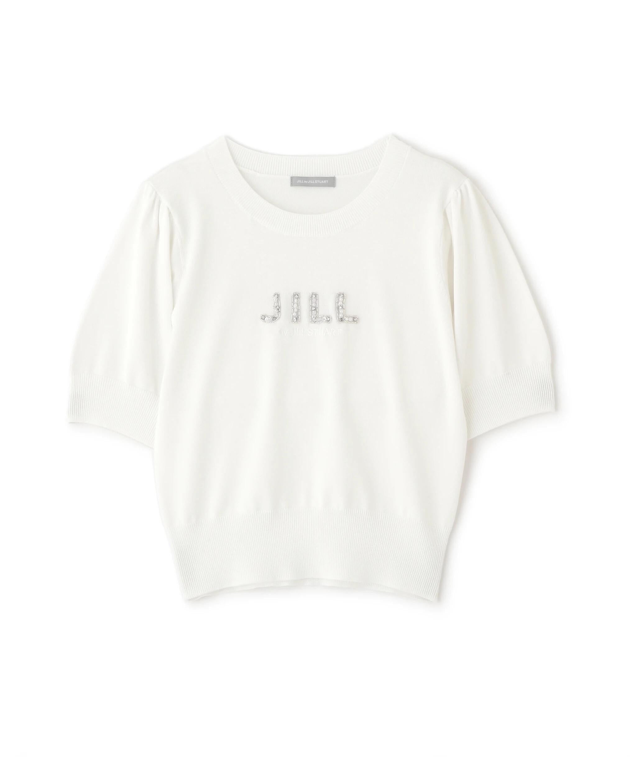 パールミニロゴパフスリーブニットトップス ホワイト