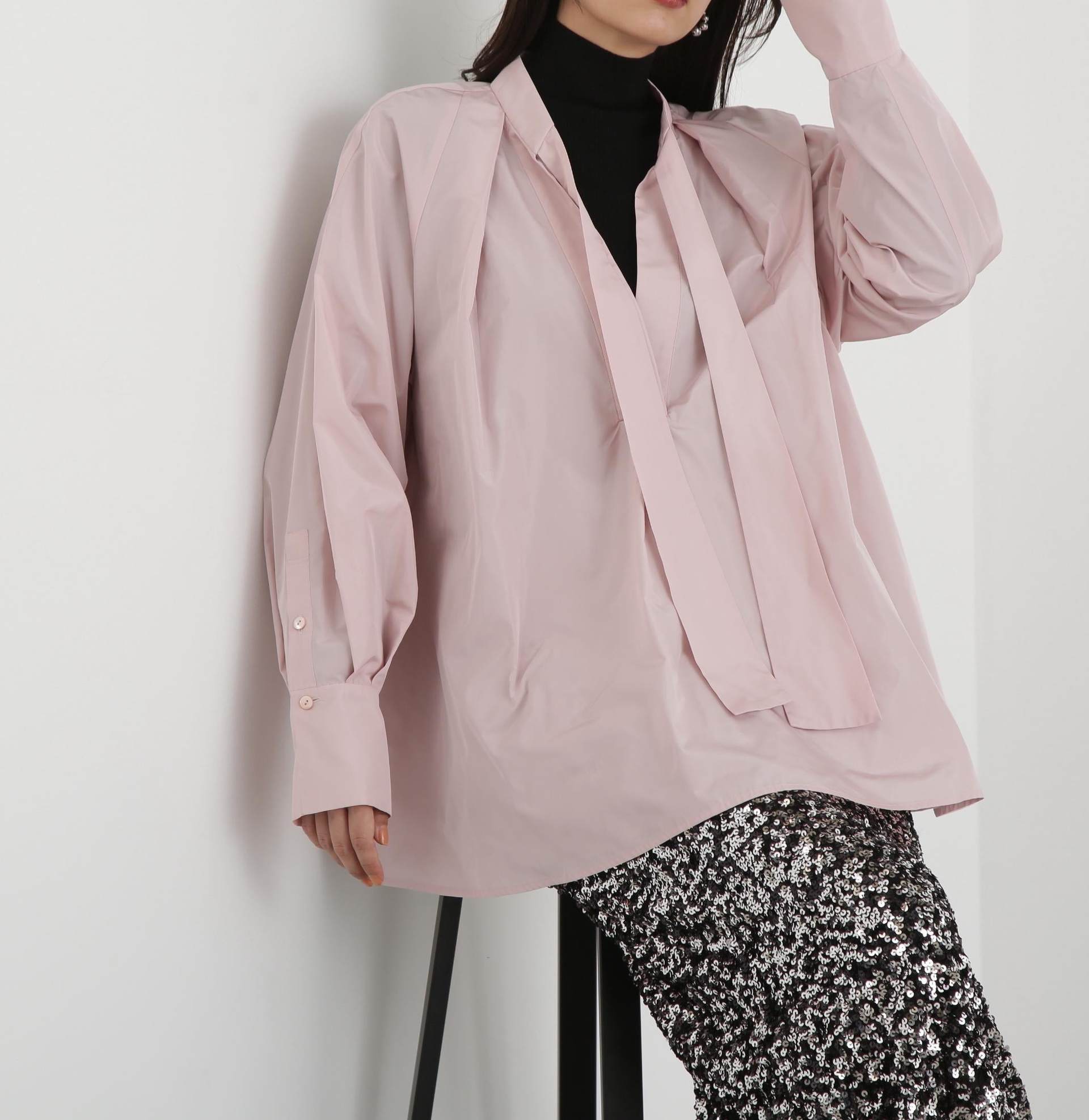 タックフレアボウブラウス ローズピンク