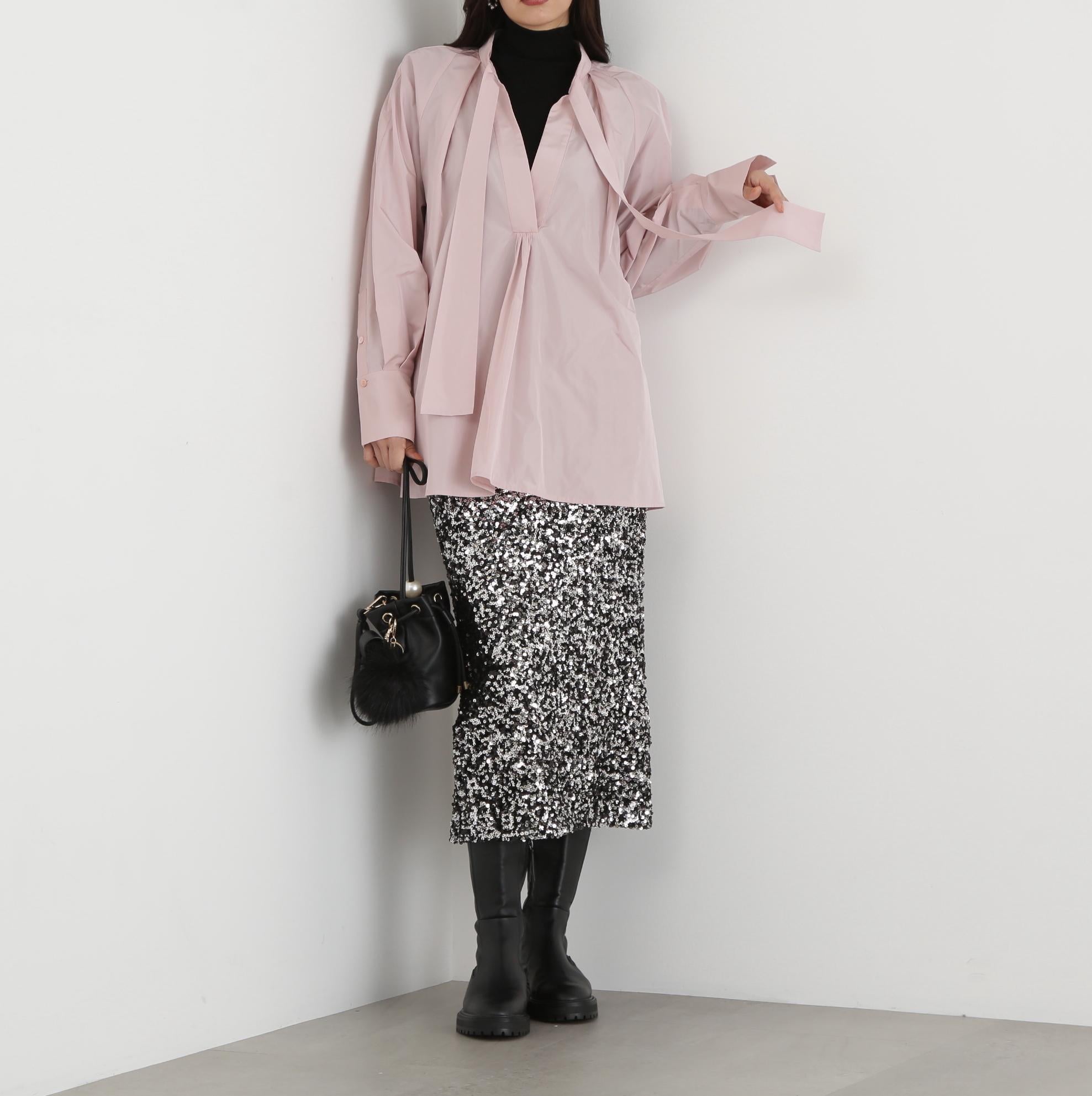 タックフレアボウブラウス ローズピンク