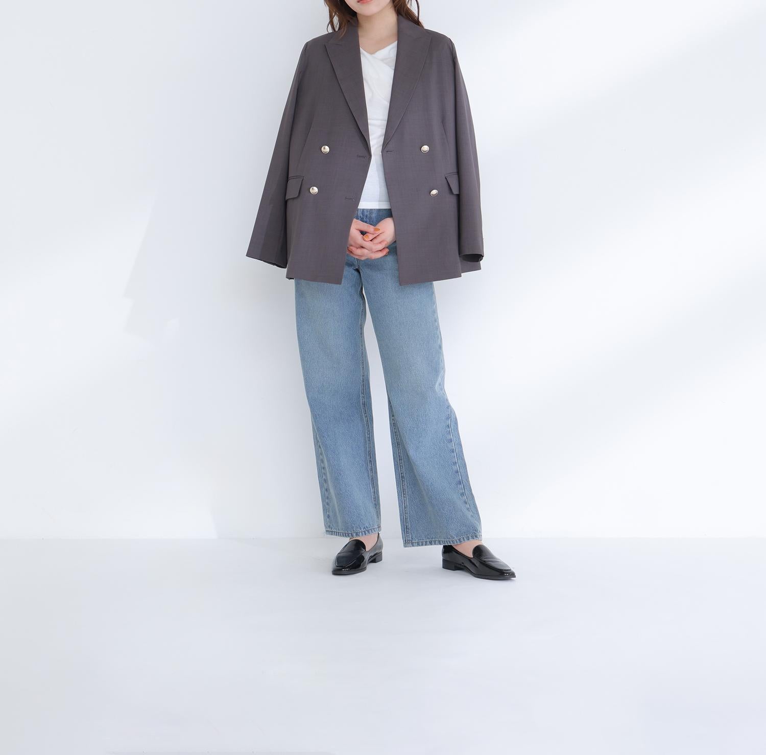 リネンライクダブルブレストボクシージャケット チャコール1