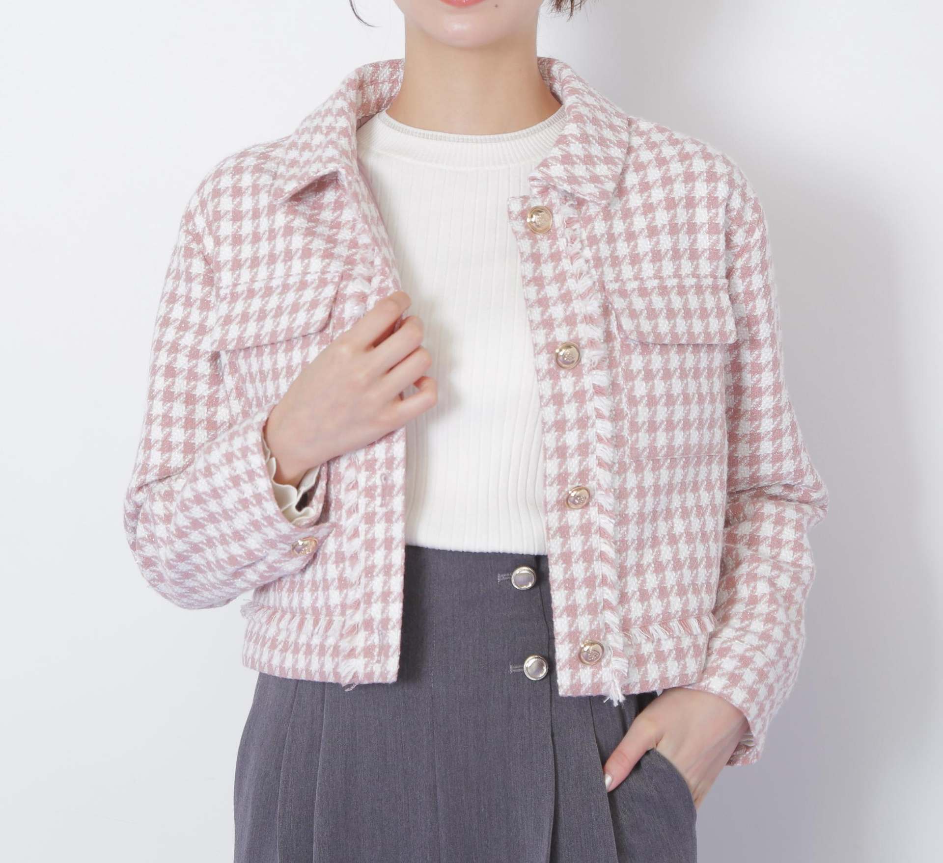 千鳥ツイードジャケット ピンク1