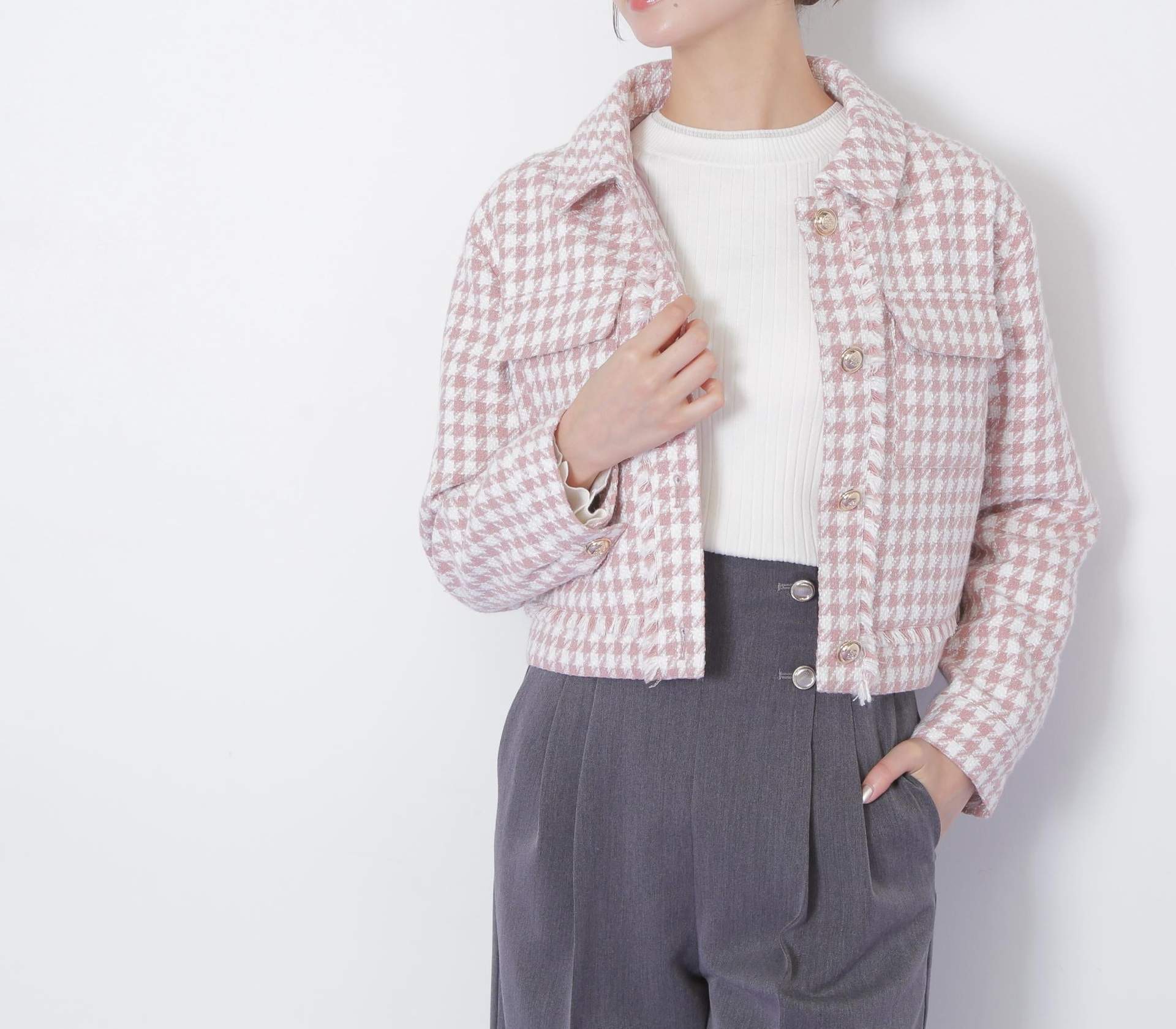 千鳥ツイードジャケット ピンク1