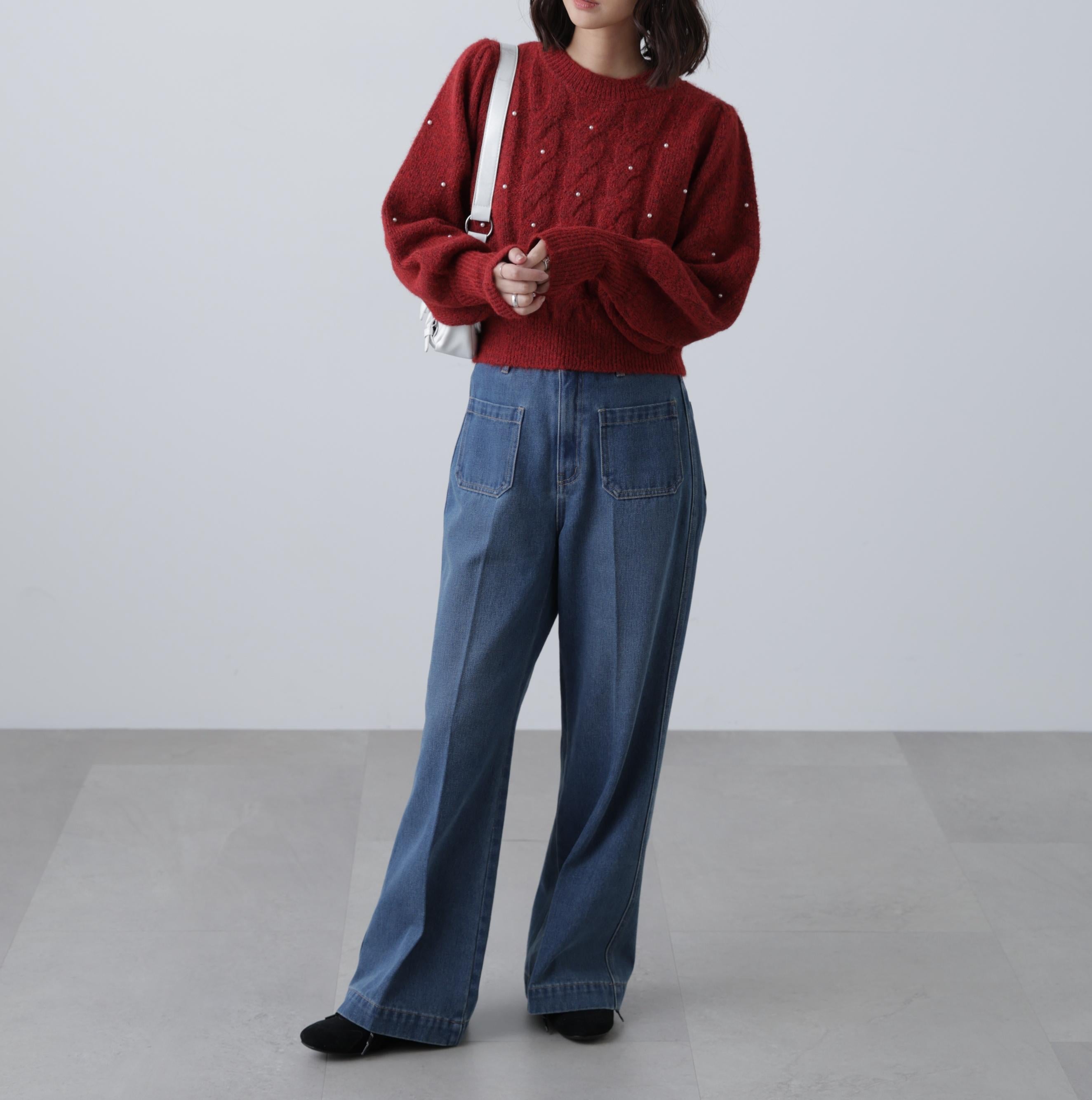 パール付きケーブルショート丈ニット レッド