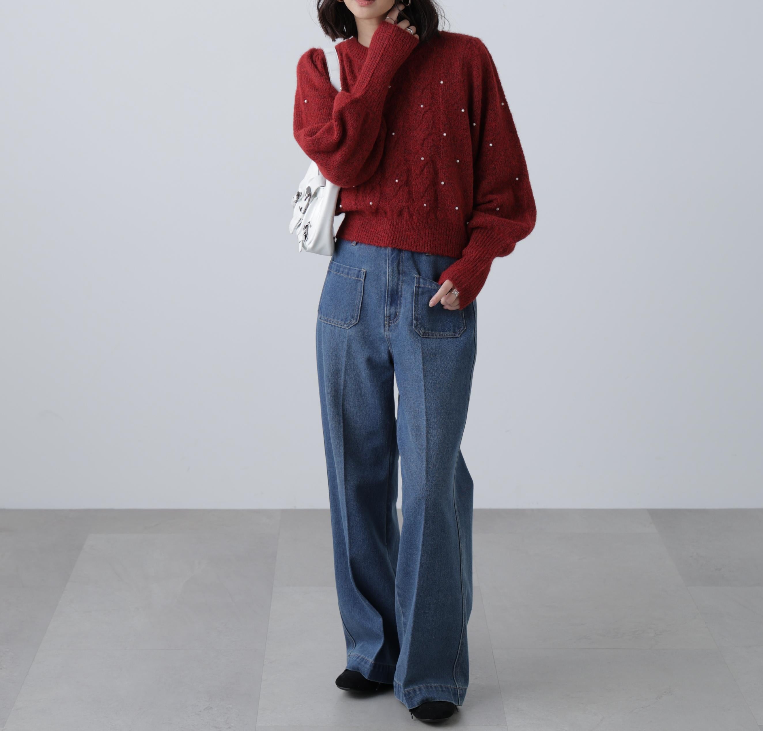 パール付きケーブルショート丈ニット レッド