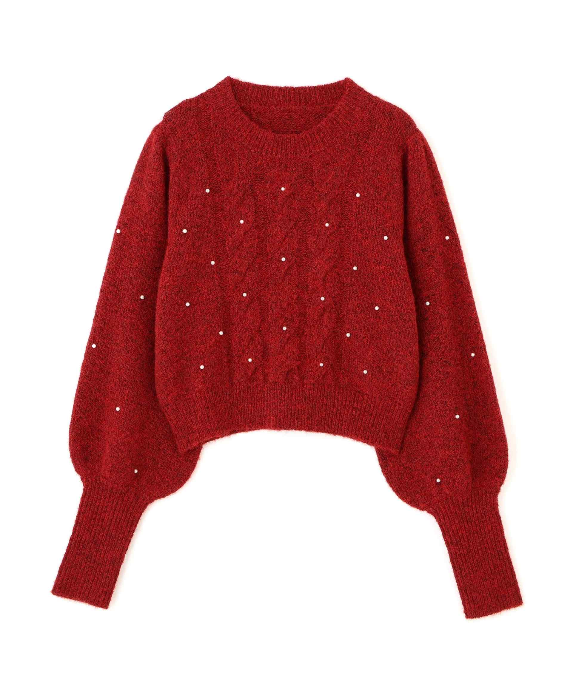 パール付きケーブルショート丈ニット レッド
