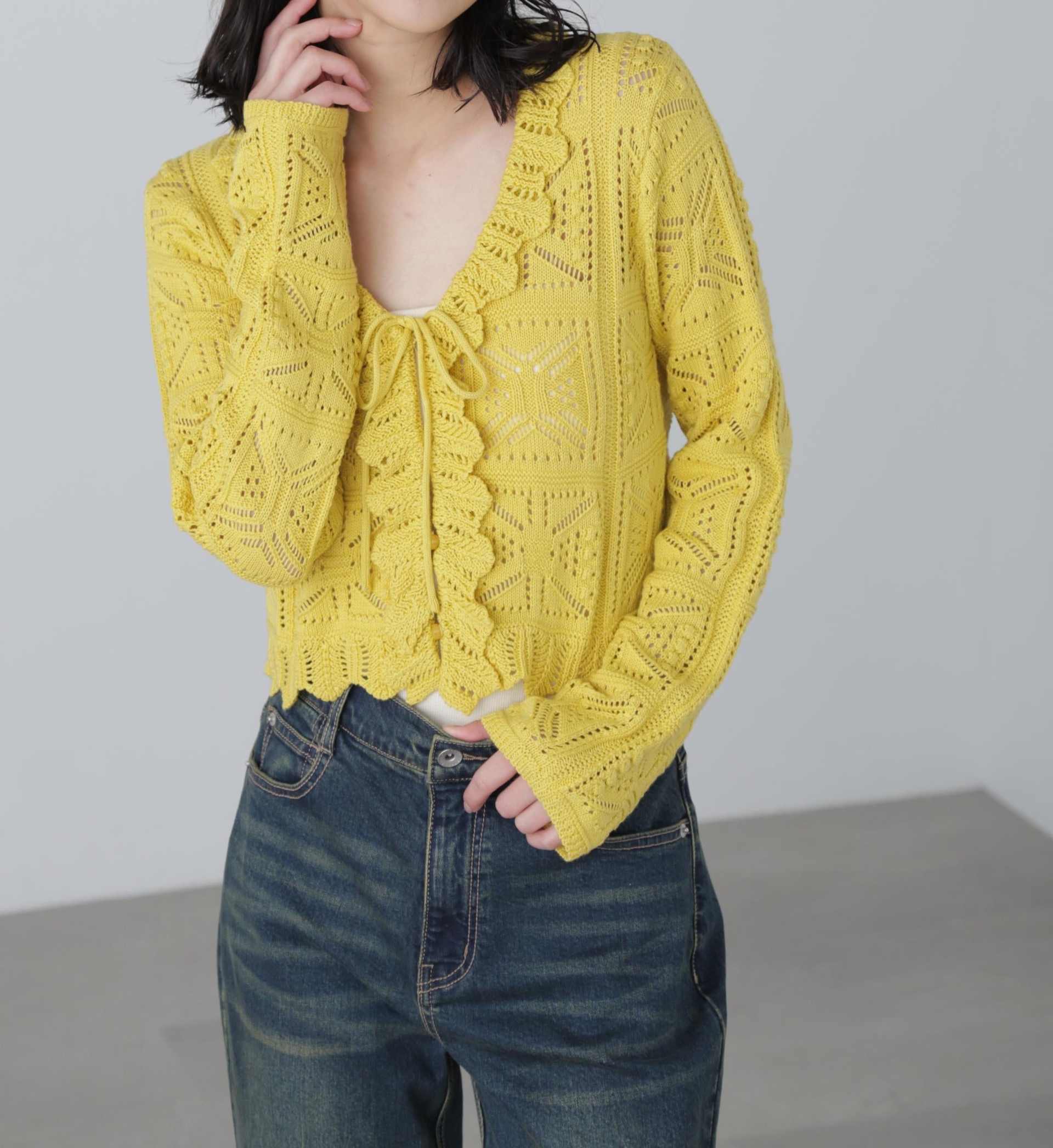 透かし編みクロップドニットカーディガン イエロー
