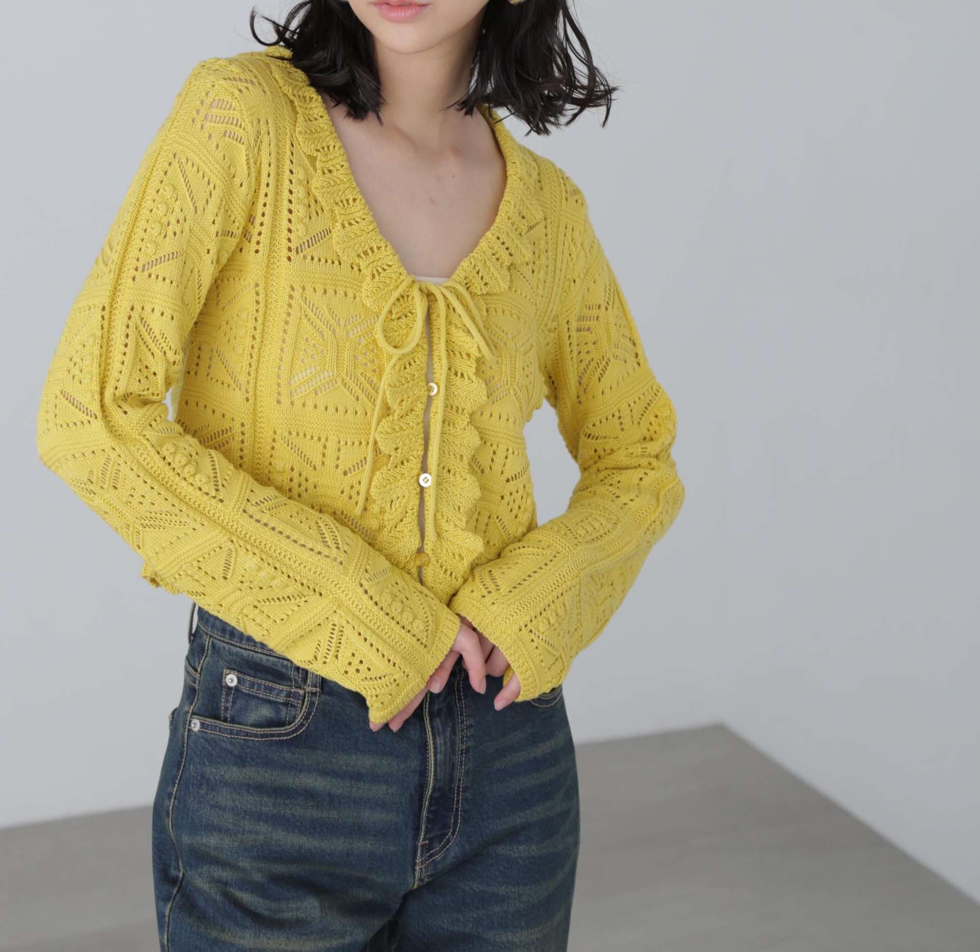 透かし編みクロップドニットカーディガン イエロー