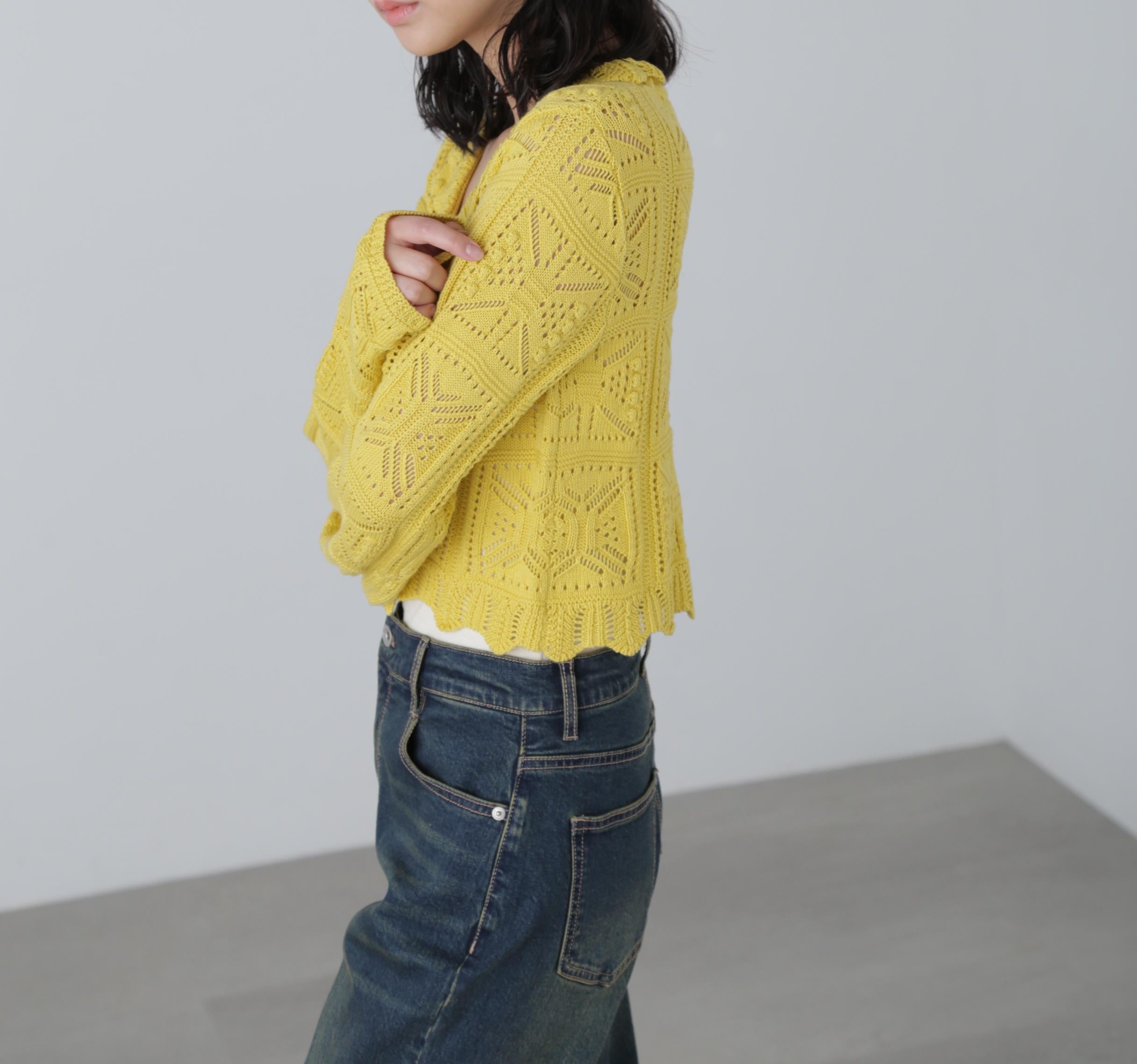 透かし編みクロップドニットカーディガン イエロー