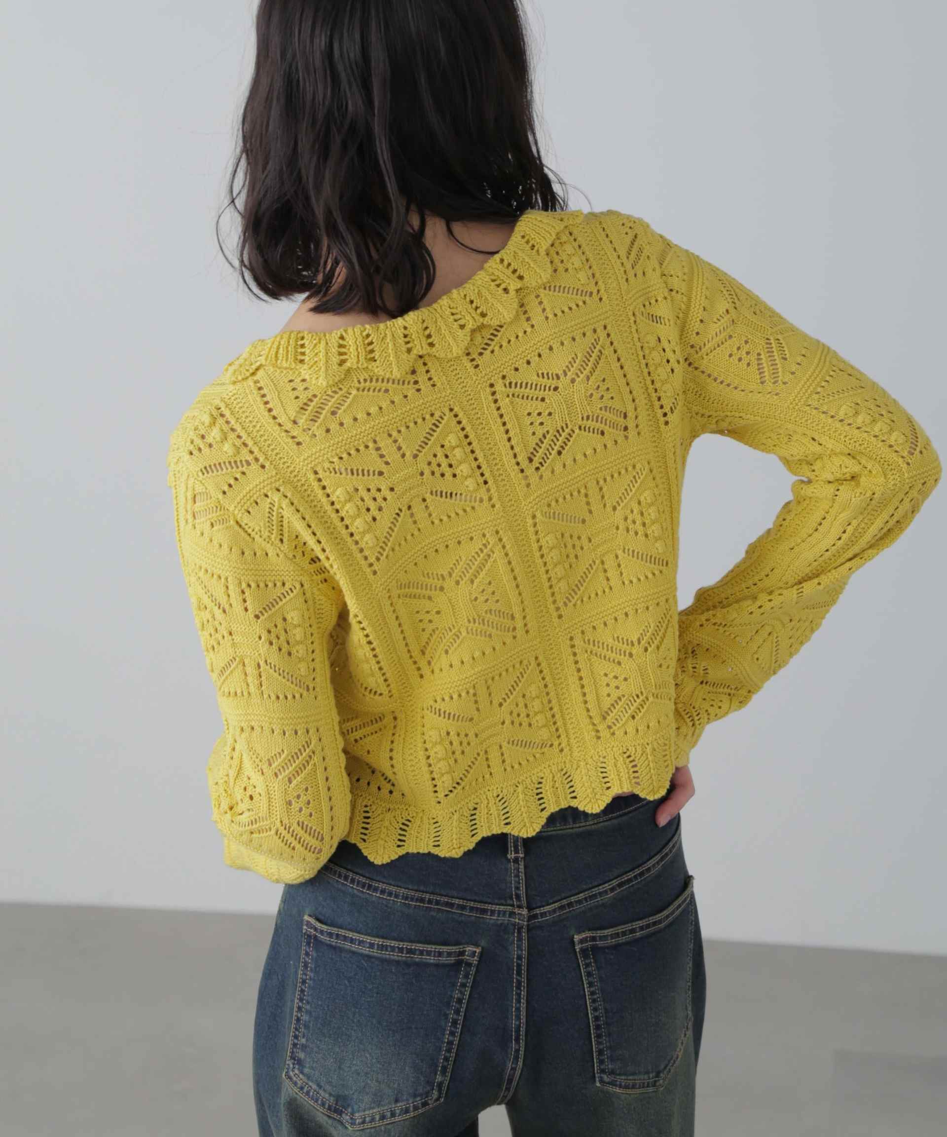 透かし編みクロップドニットカーディガン イエロー