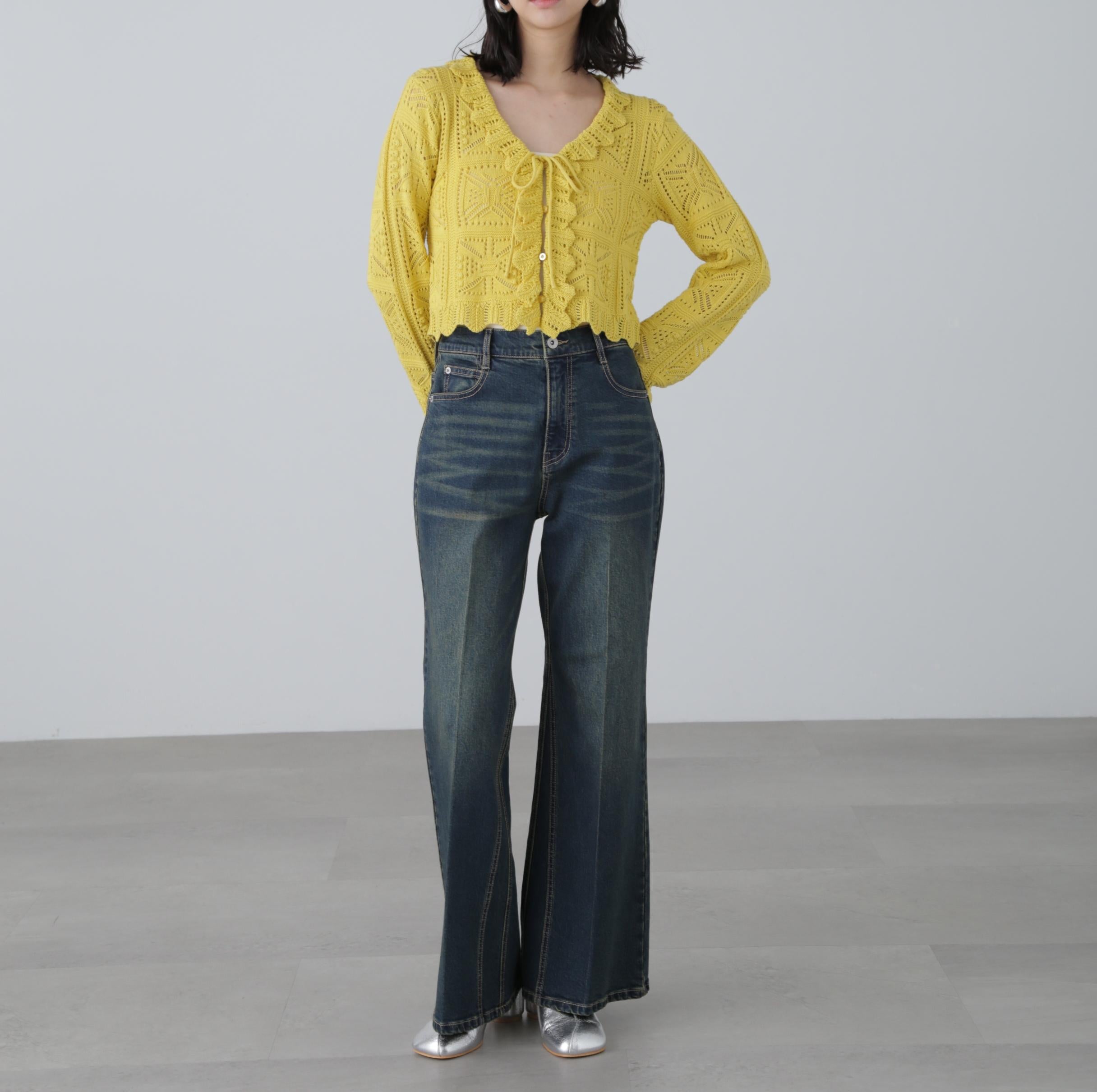 透かし編みクロップドニットカーディガン イエロー