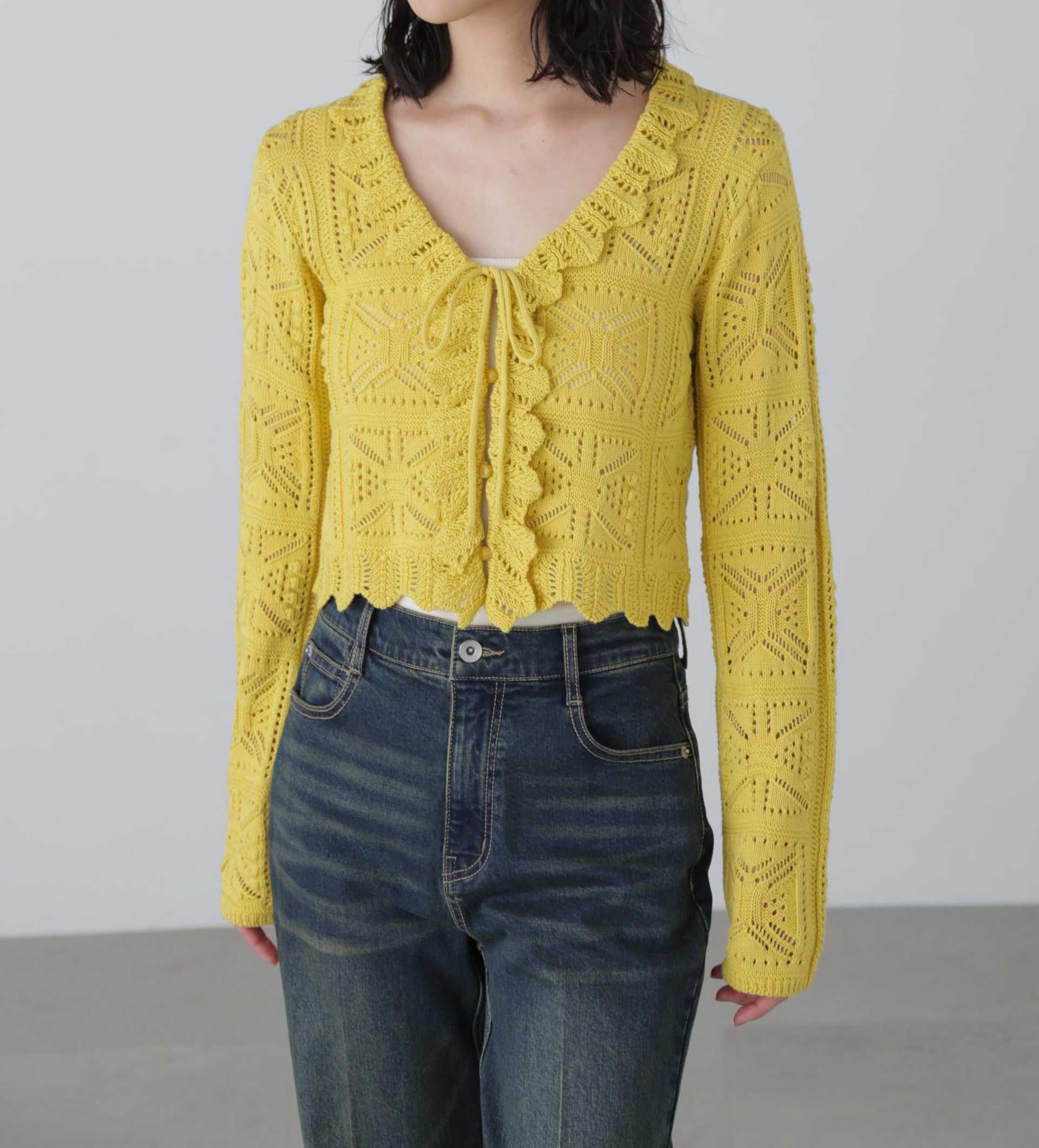 透かし編みクロップドニットカーディガン イエロー