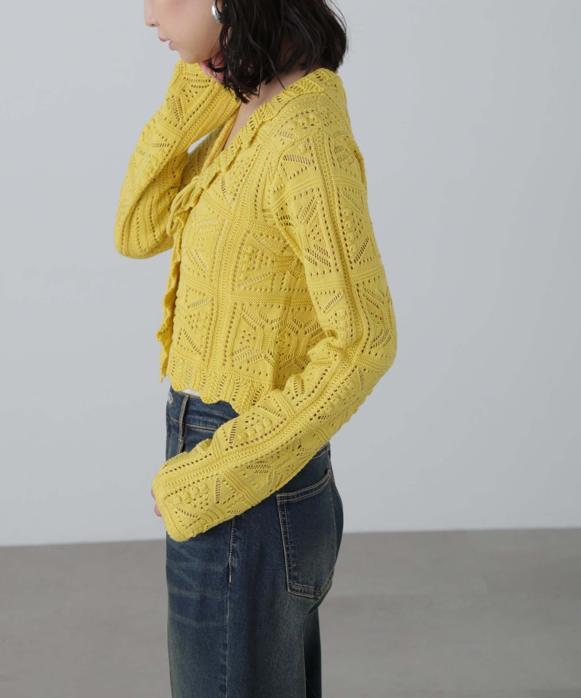 透かし編みクロップドニットカーディガン イエロー