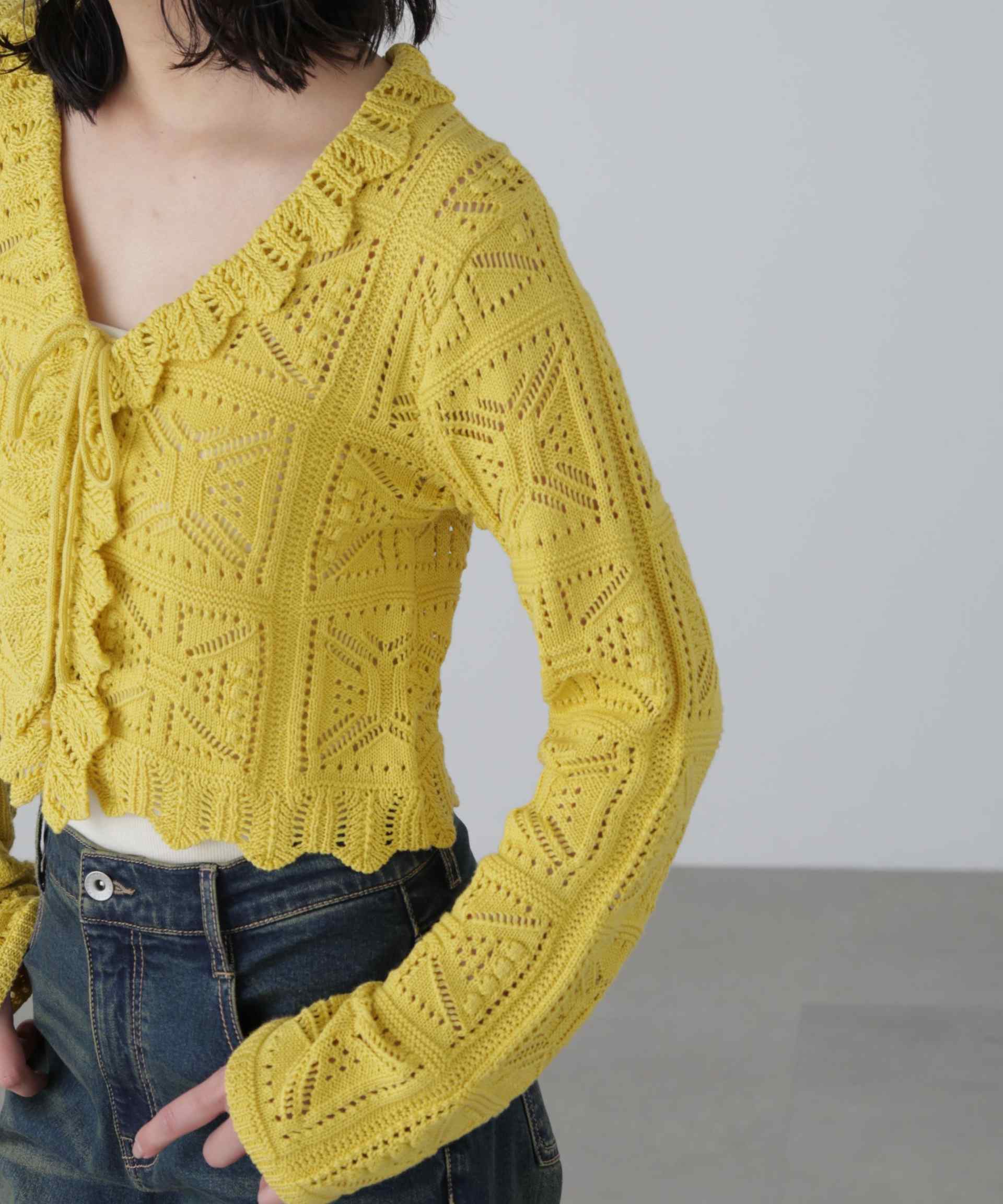 透かし編みクロップドニットカーディガン イエロー