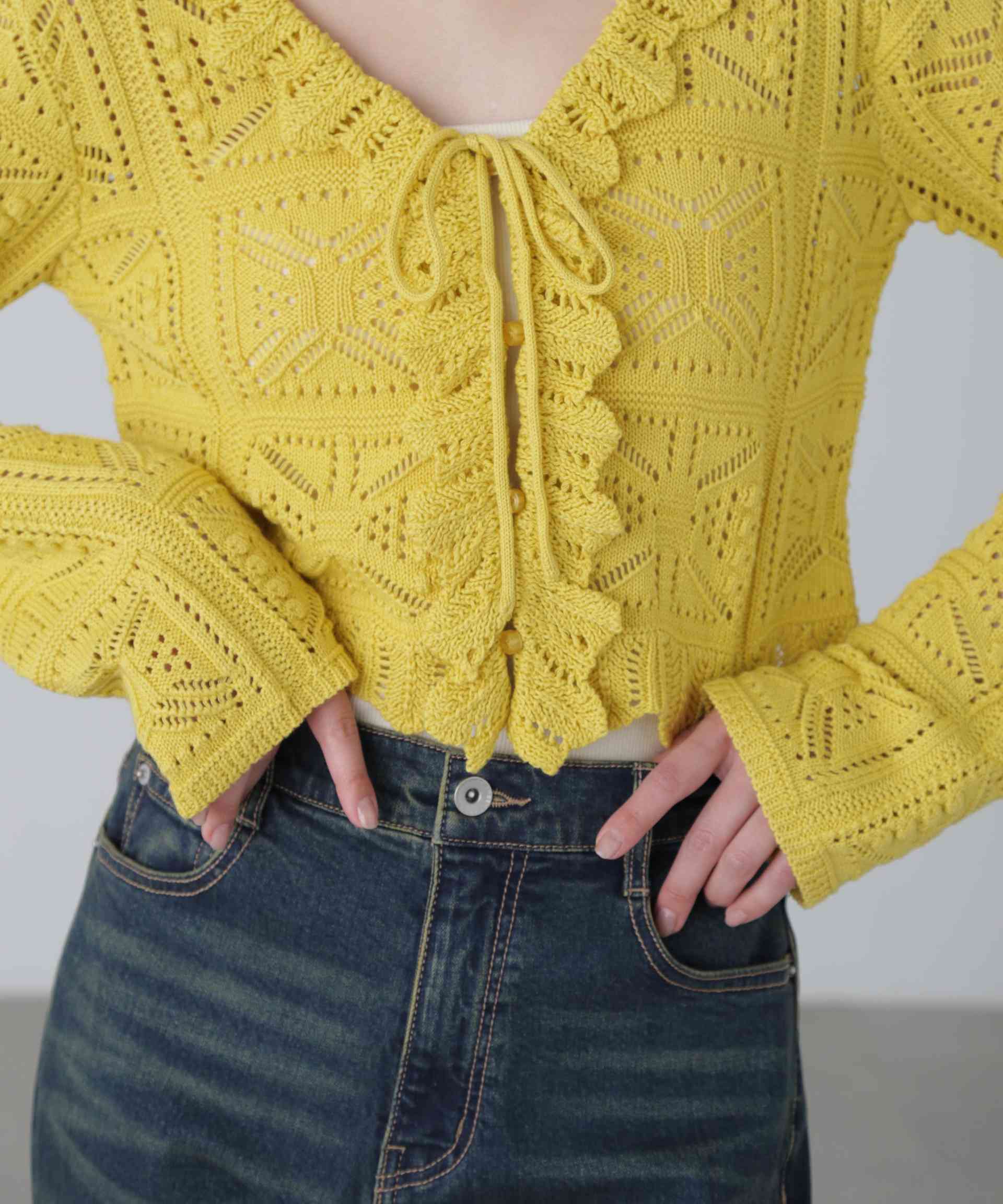 透かし編みクロップドニットカーディガン イエロー
