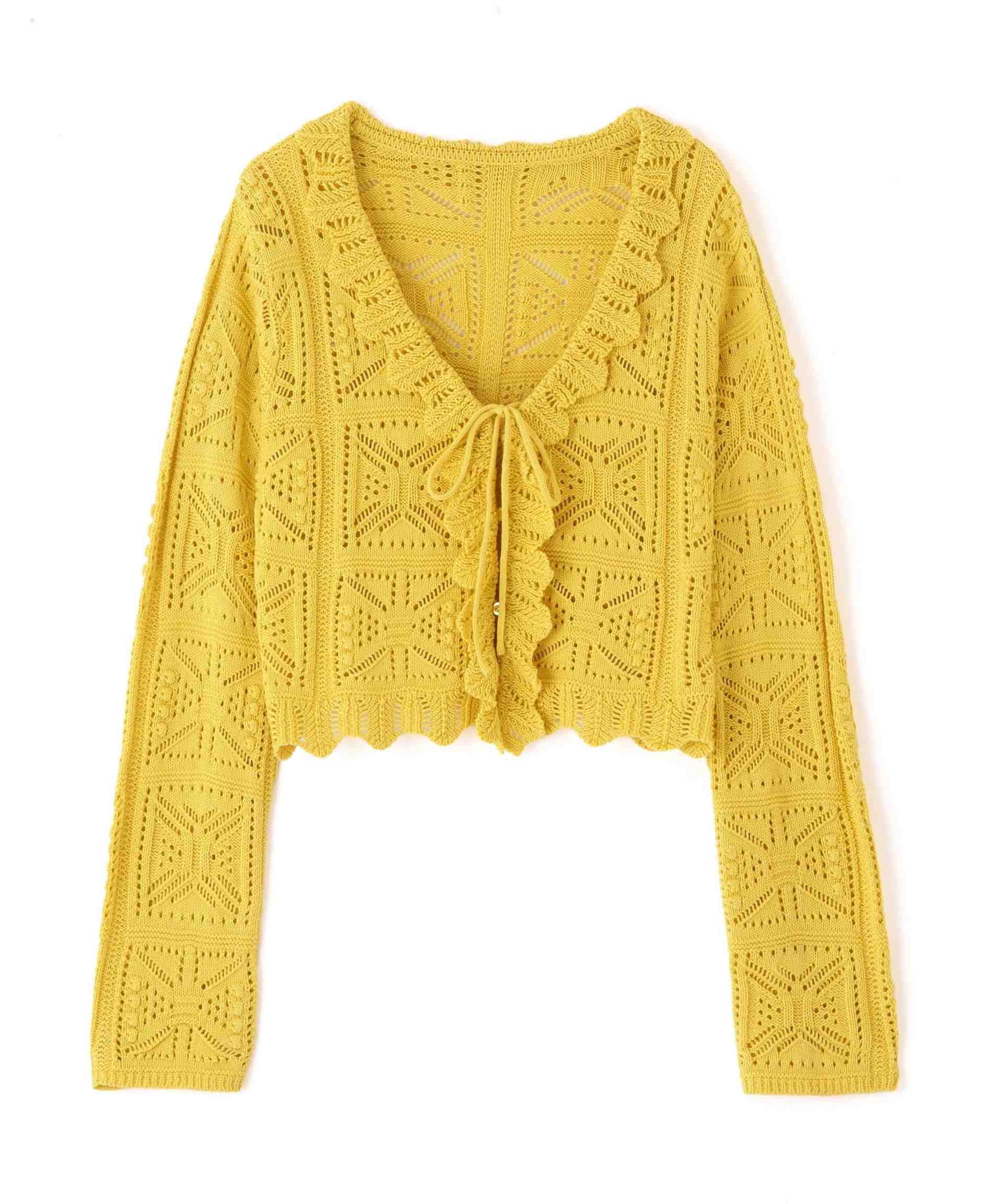 透かし編みクロップドニットカーディガン イエロー