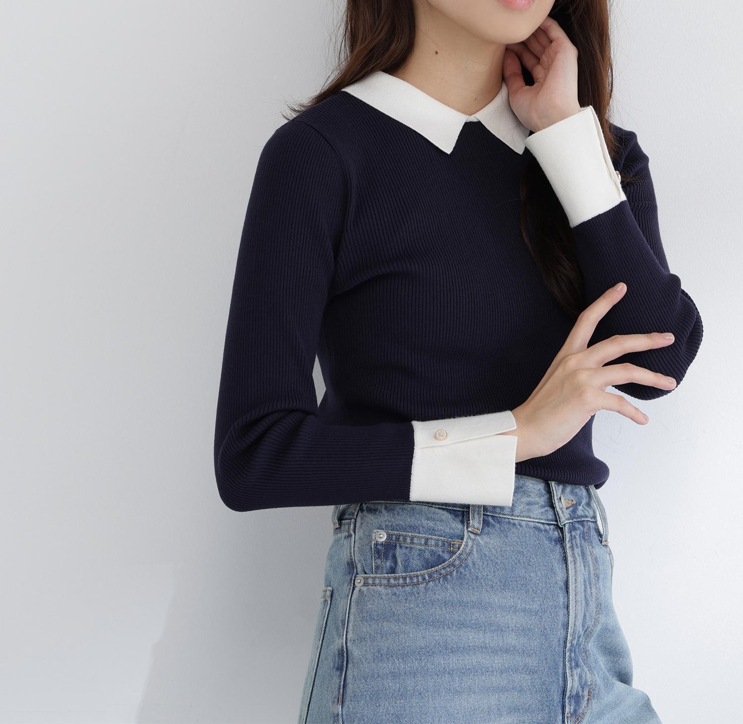襟付リブベーシックニット ネイビー2