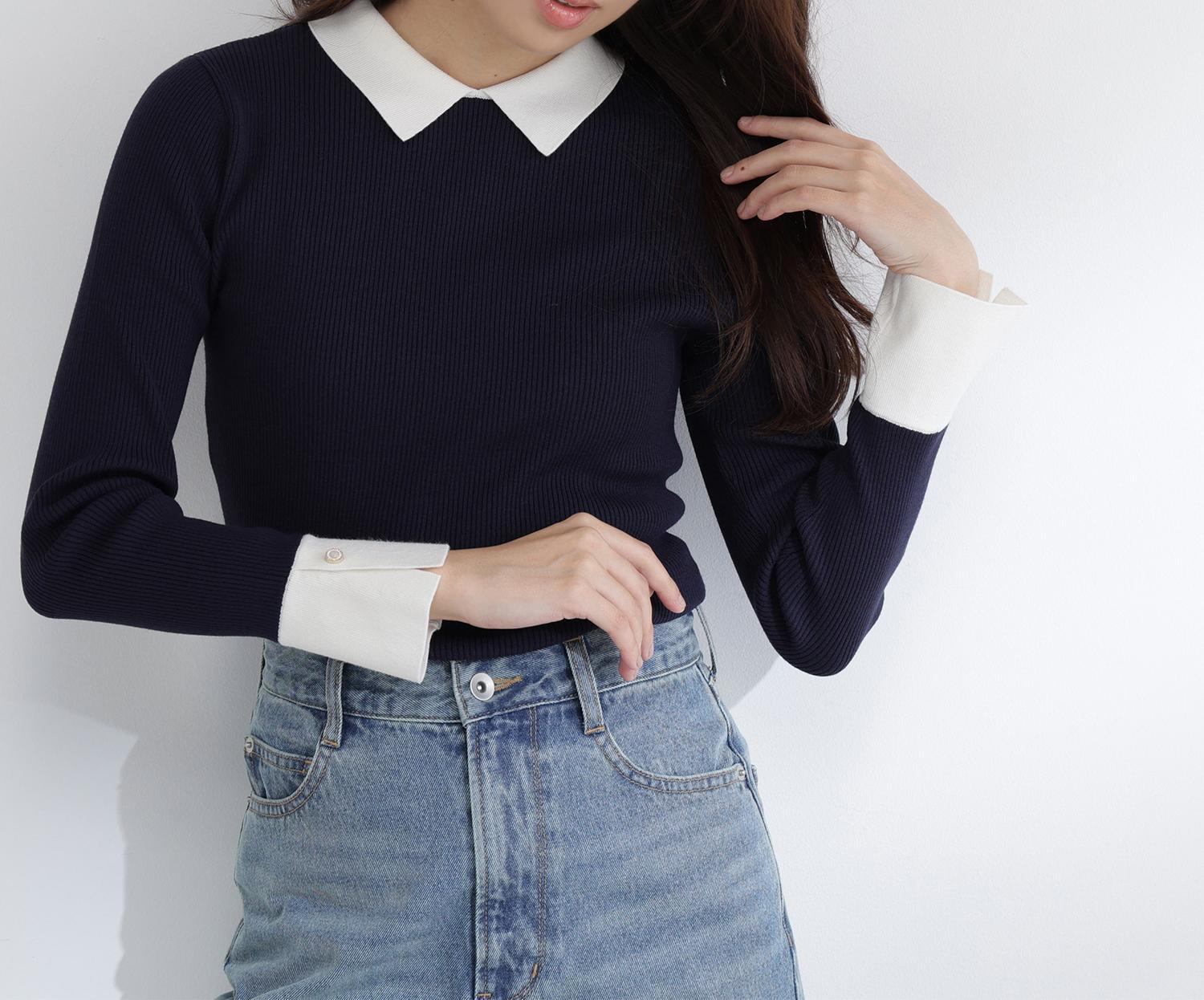 襟付リブベーシックニット ネイビー2