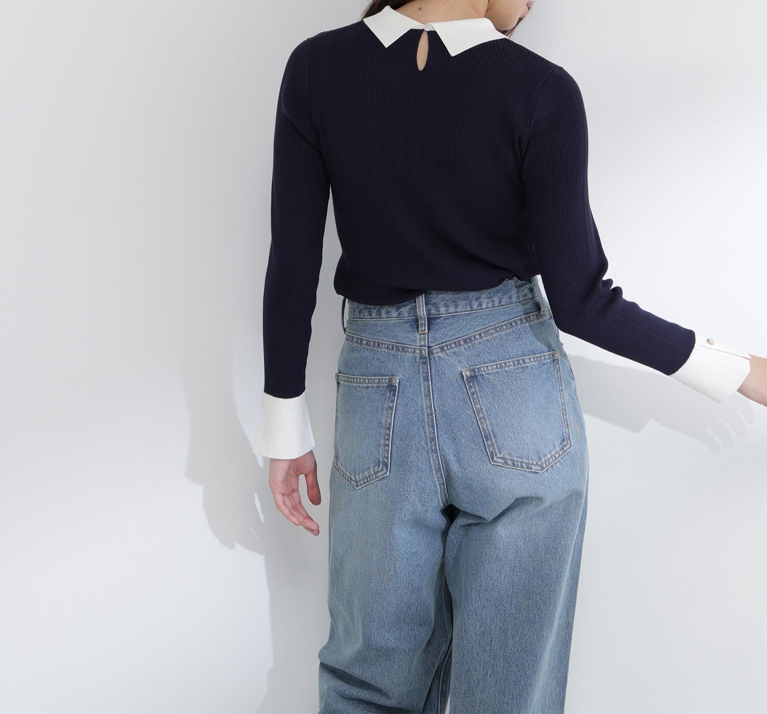 襟付リブベーシックニット ネイビー2