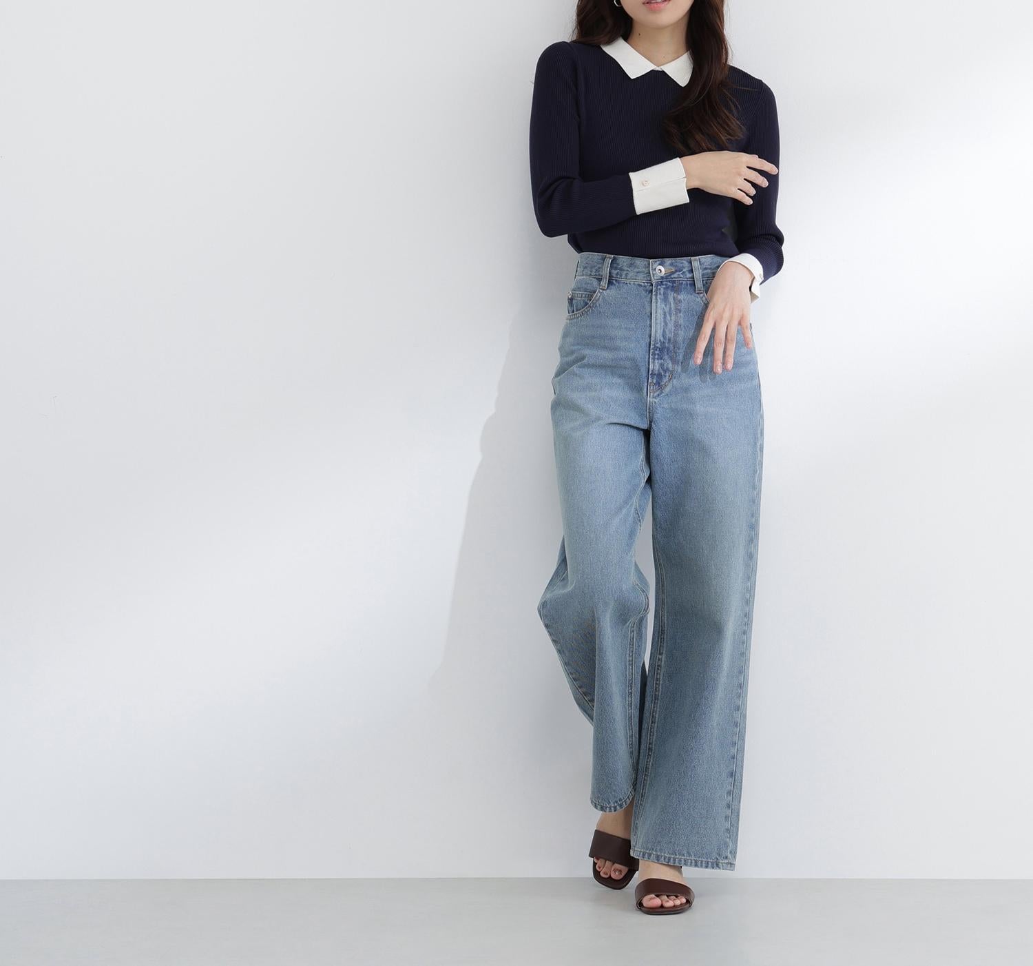 襟付リブベーシックニット ネイビー2