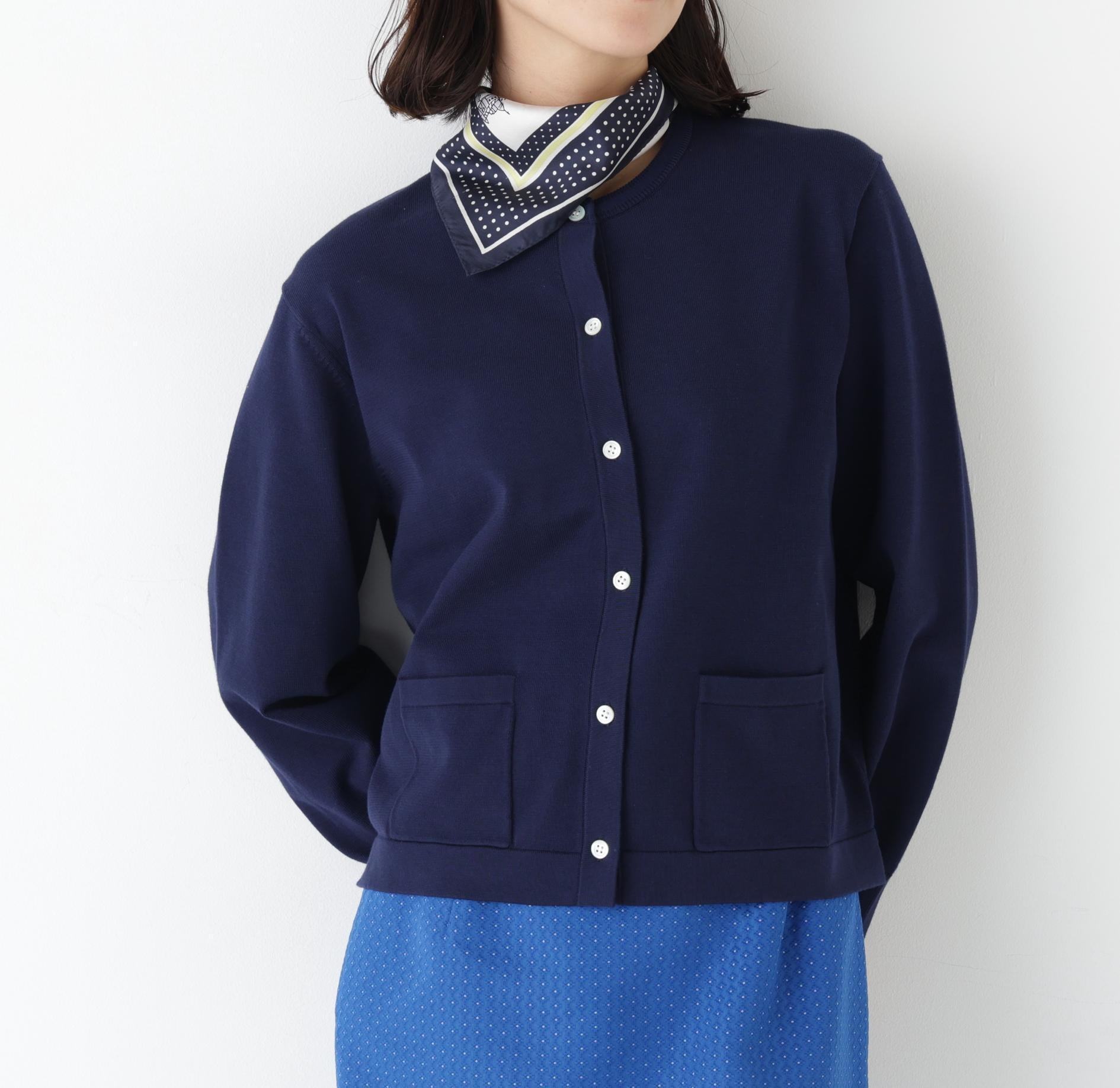 オーガニックコットン混プレーティングライン入カーディガン ネイビーゾッキ