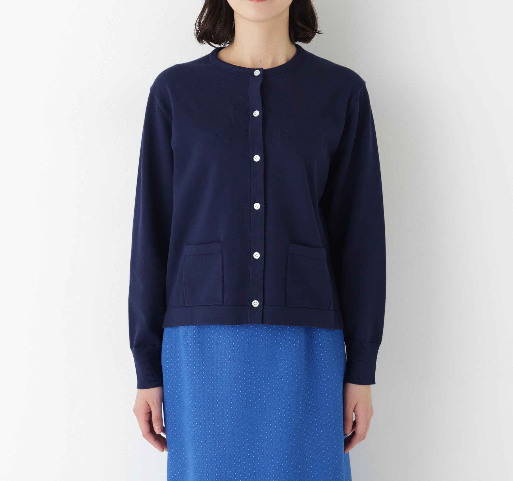 オーガニックコットン混プレーティングライン入カーディガン ネイビーゾッキ