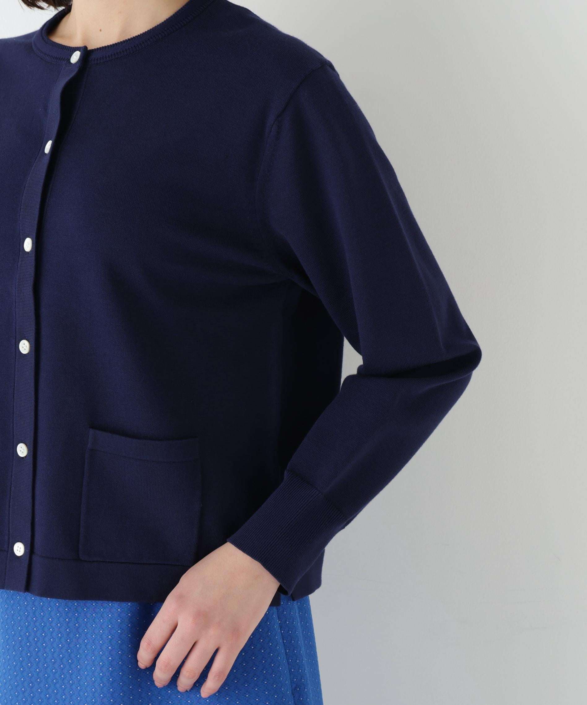 オーガニックコットン混プレーティングライン入カーディガン ネイビーゾッキ