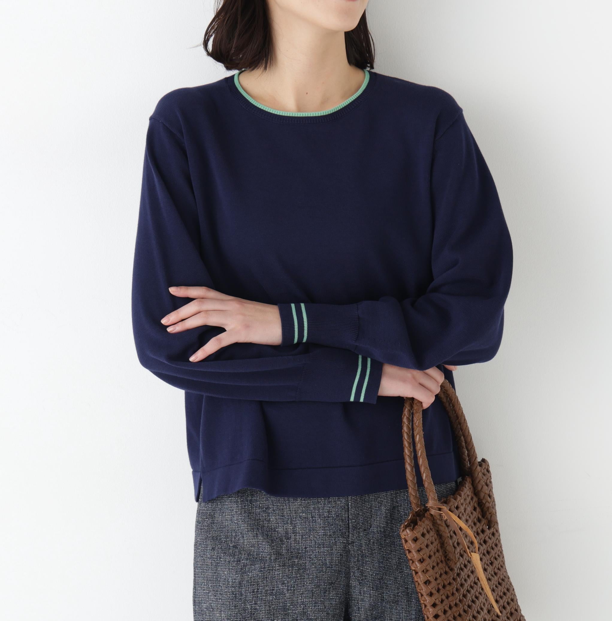 ◆オーガニックコットン混ライン入プルオーバー ネイビー×グリーン