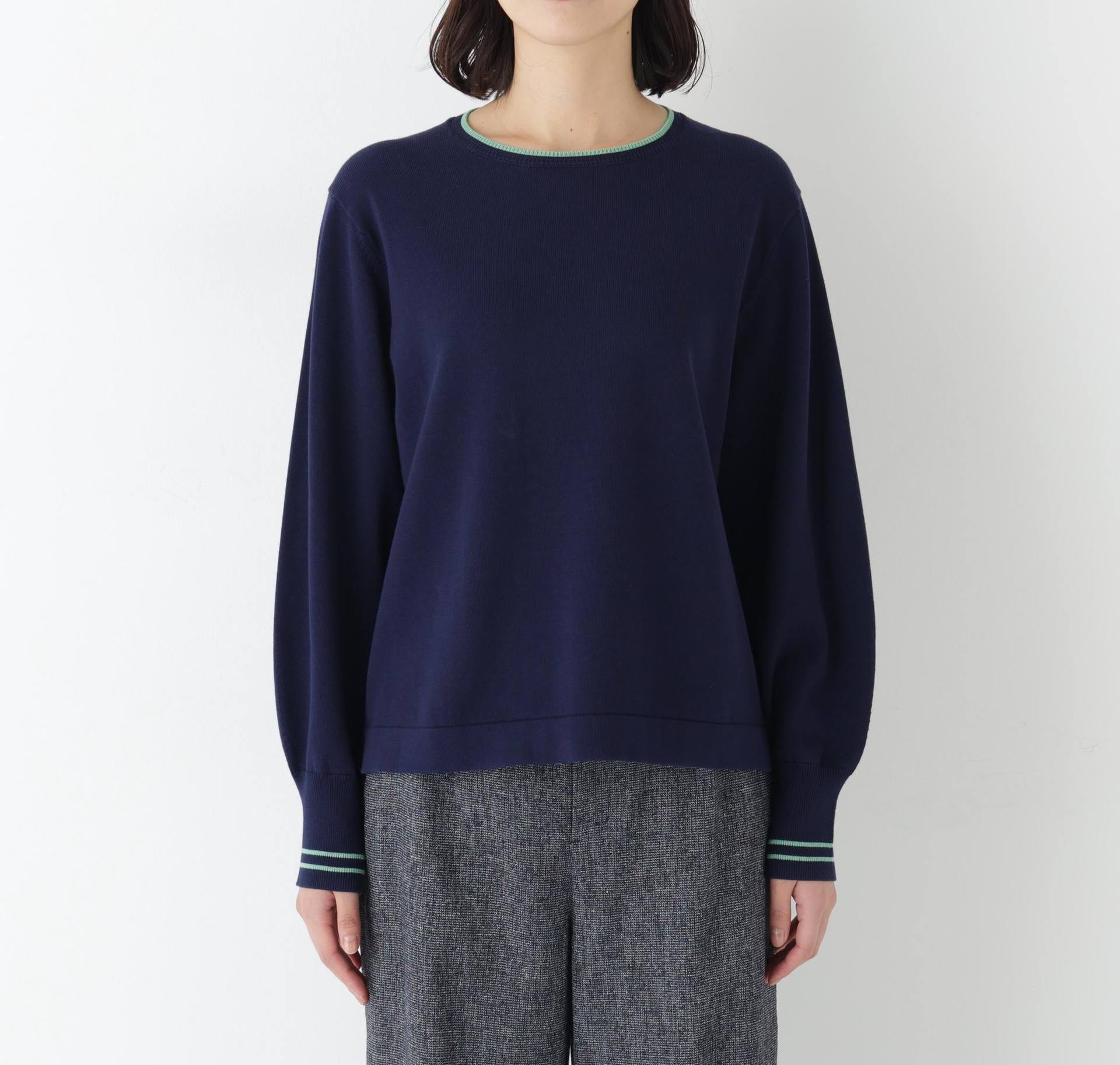 ◆オーガニックコットン混ライン入プルオーバー ネイビー×グリーン