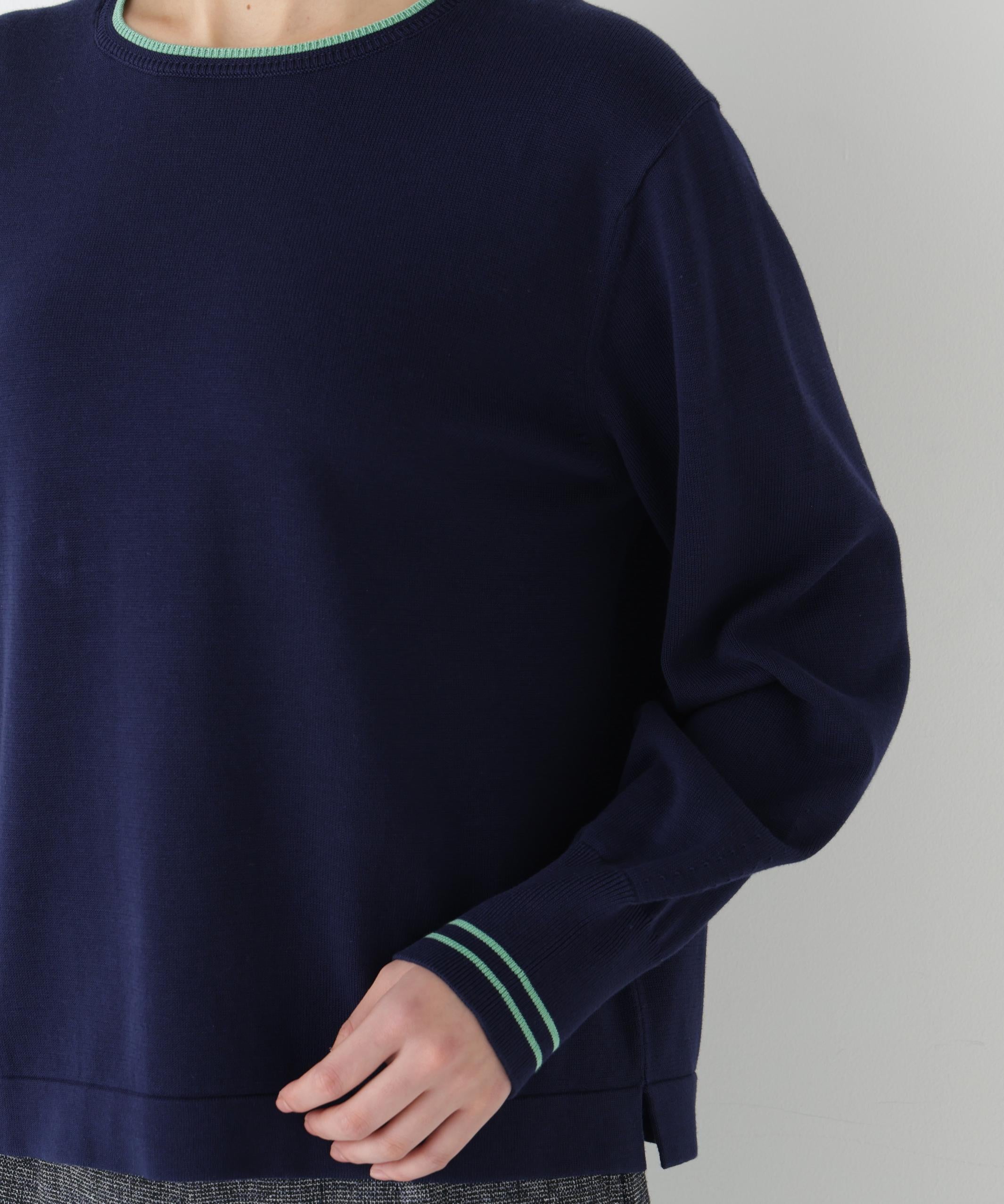 ◆オーガニックコットン混ライン入プルオーバー ネイビー×グリーン
