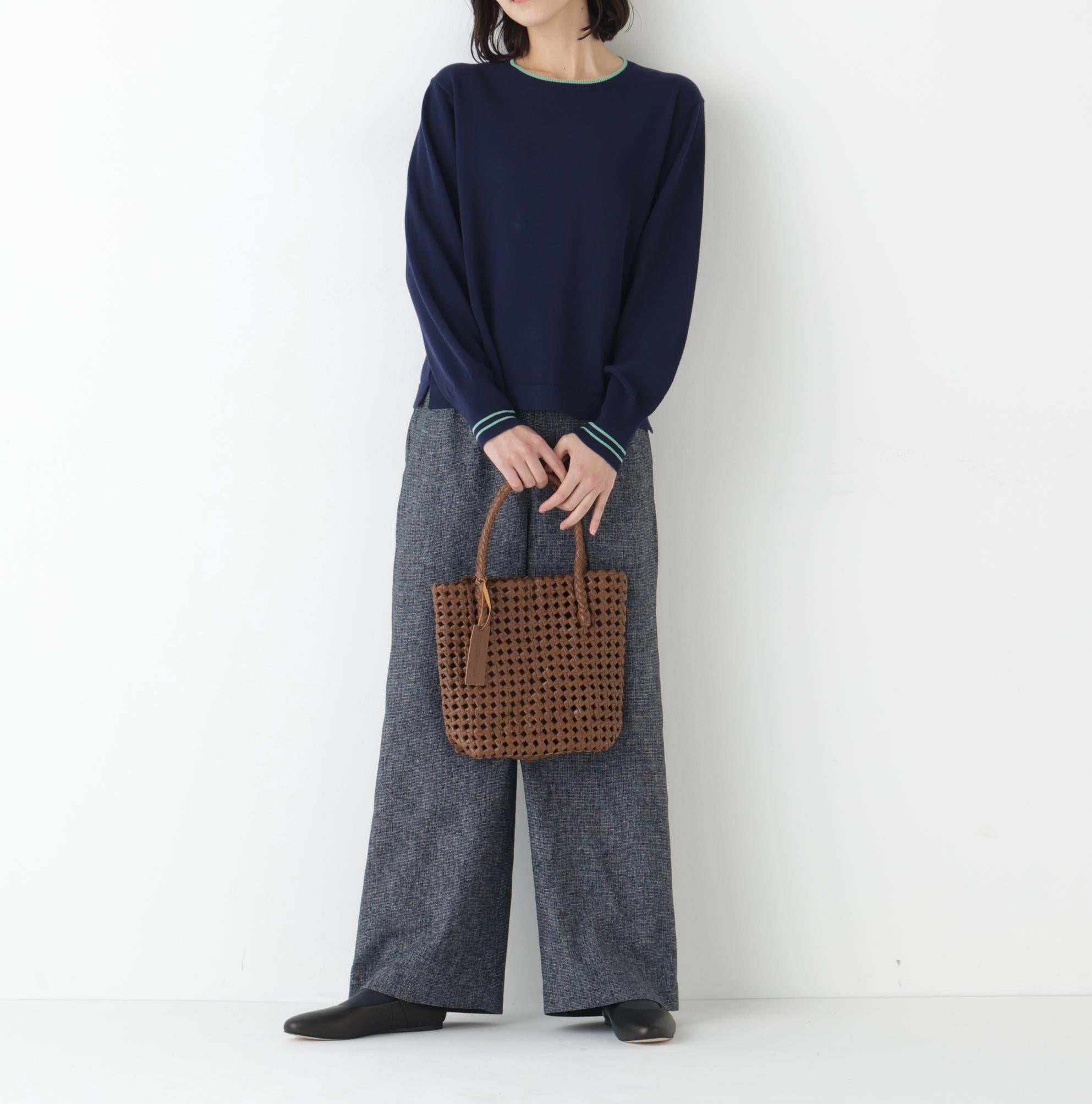 ◆オーガニックコットン混ライン入プルオーバー ネイビー×グリーン