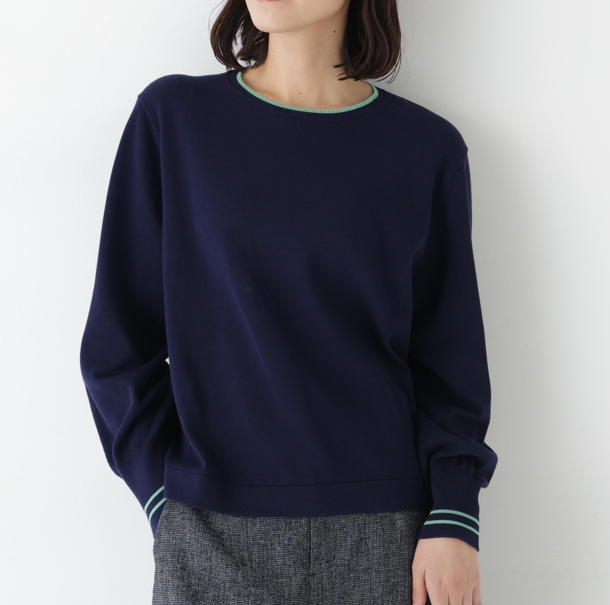 ◆オーガニックコットン混ライン入プルオーバー ネイビー×グリーン