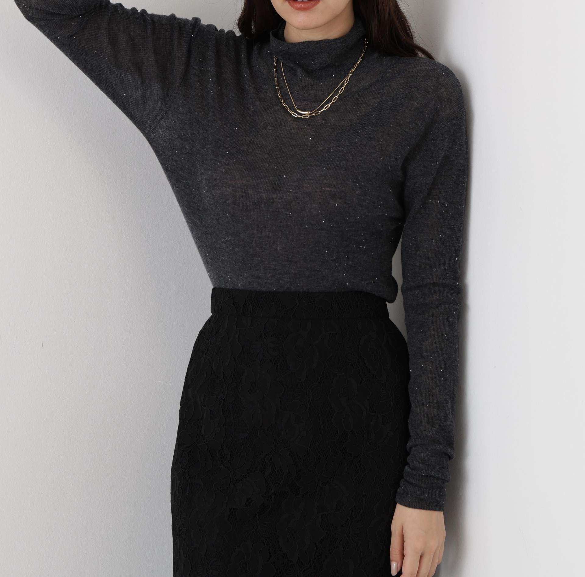 ◆スパンコールシアーモックネックプルオーバー グレー