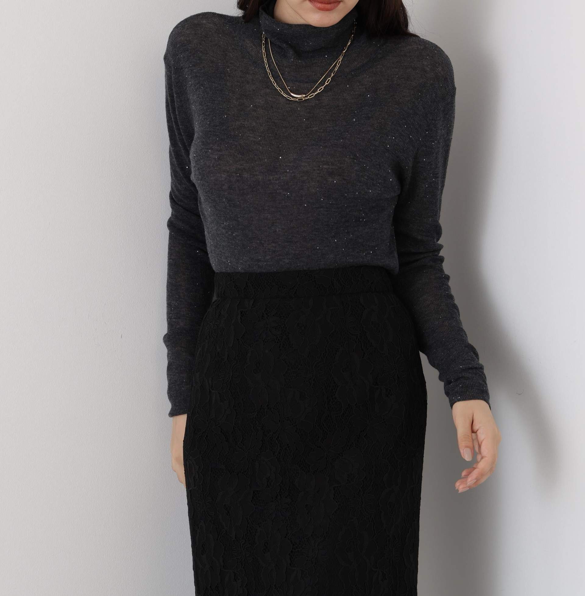 ◆スパンコールシアーモックネックプルオーバー グレー