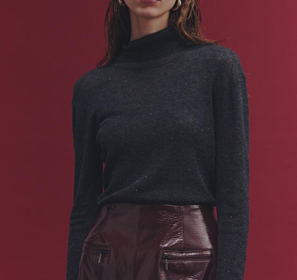 ◆スパンコールシアーモックネックプルオーバー グレー