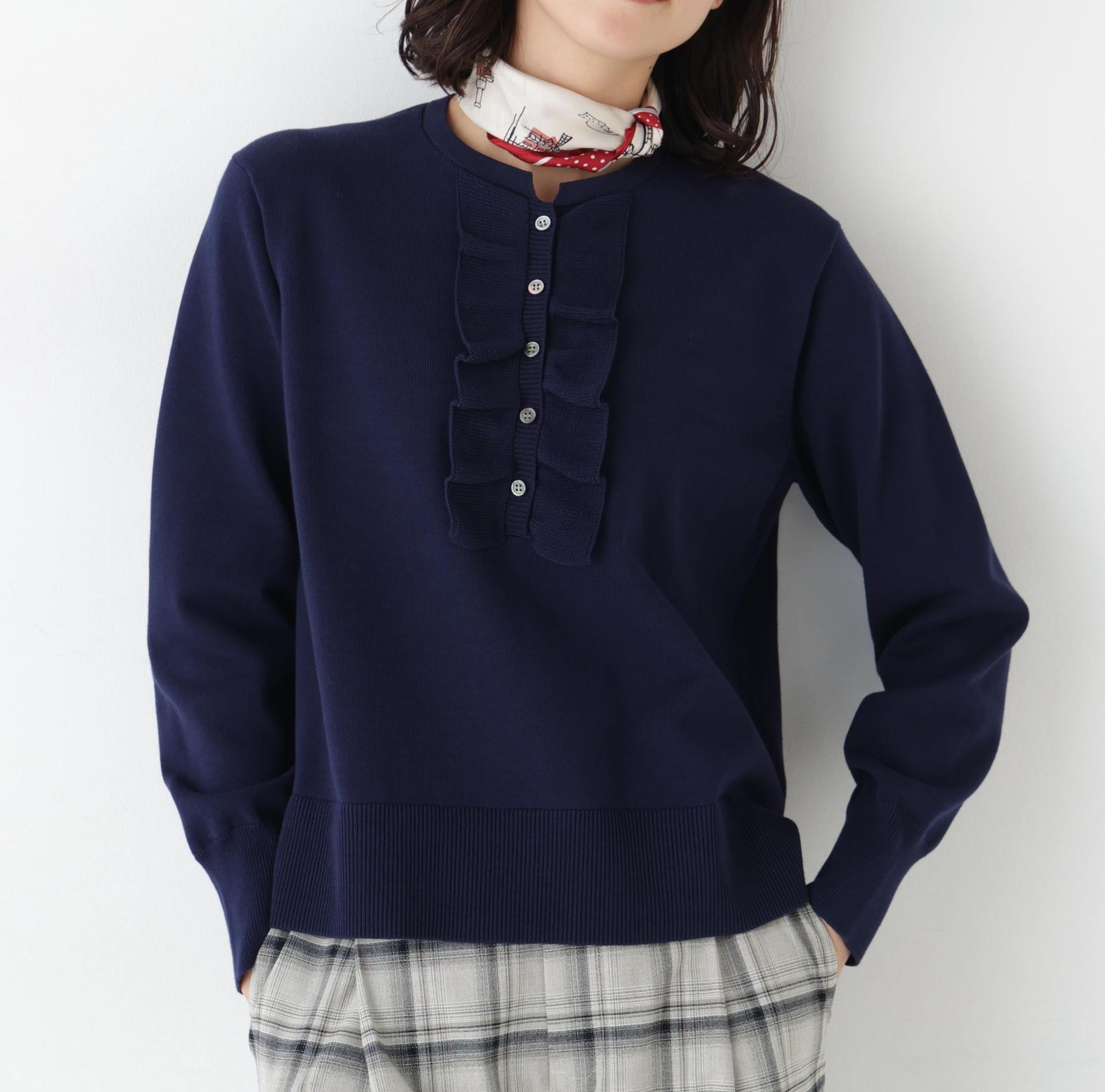 オーガニックコットン混プレーティング前立フリルプルオーバー ネイビー