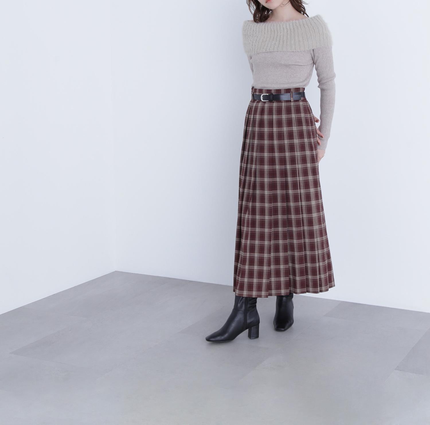 ベルテッドチェックプリーツスカート バーガンディー系2