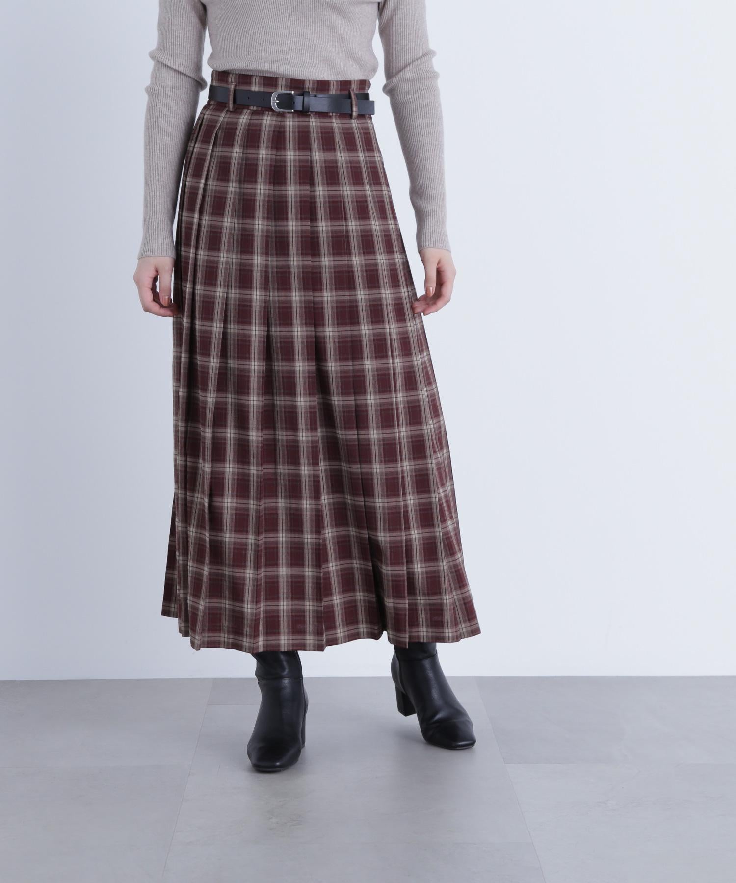 ベルテッドチェックプリーツスカート バーガンディー系2