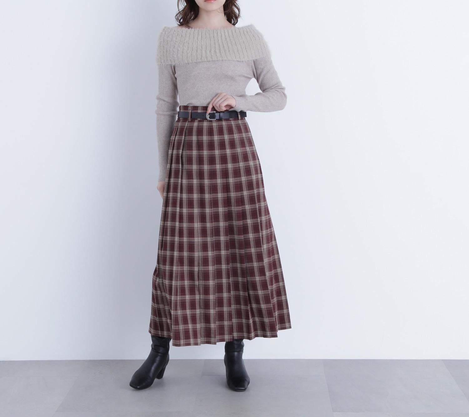 ベルテッドチェックプリーツスカート バーガンディー系2