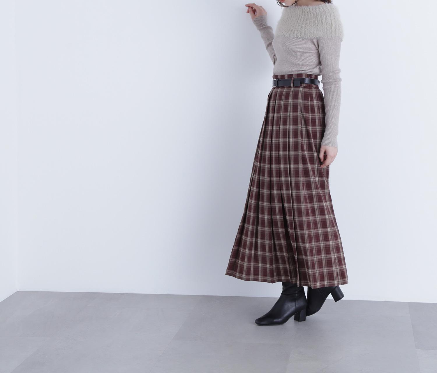 ベルテッドチェックプリーツスカート バーガンディー系2