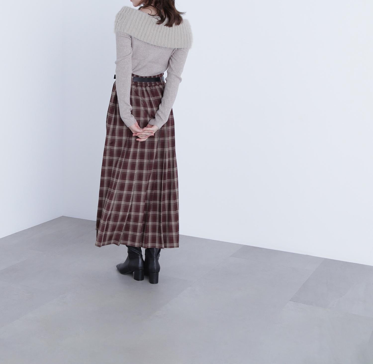 ベルテッドチェックプリーツスカート バーガンディー系2