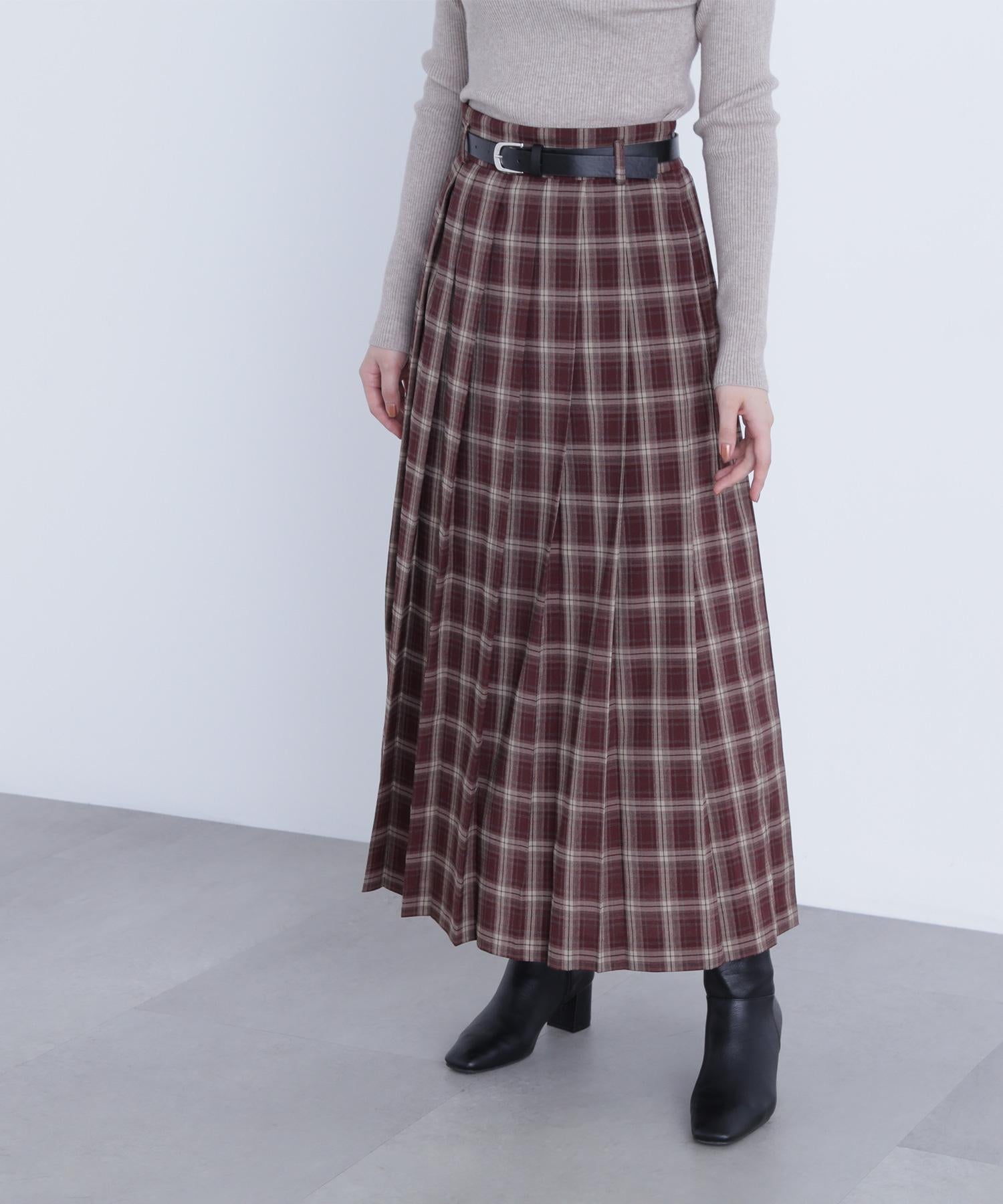 ベルテッドチェックプリーツスカート バーガンディー系2
