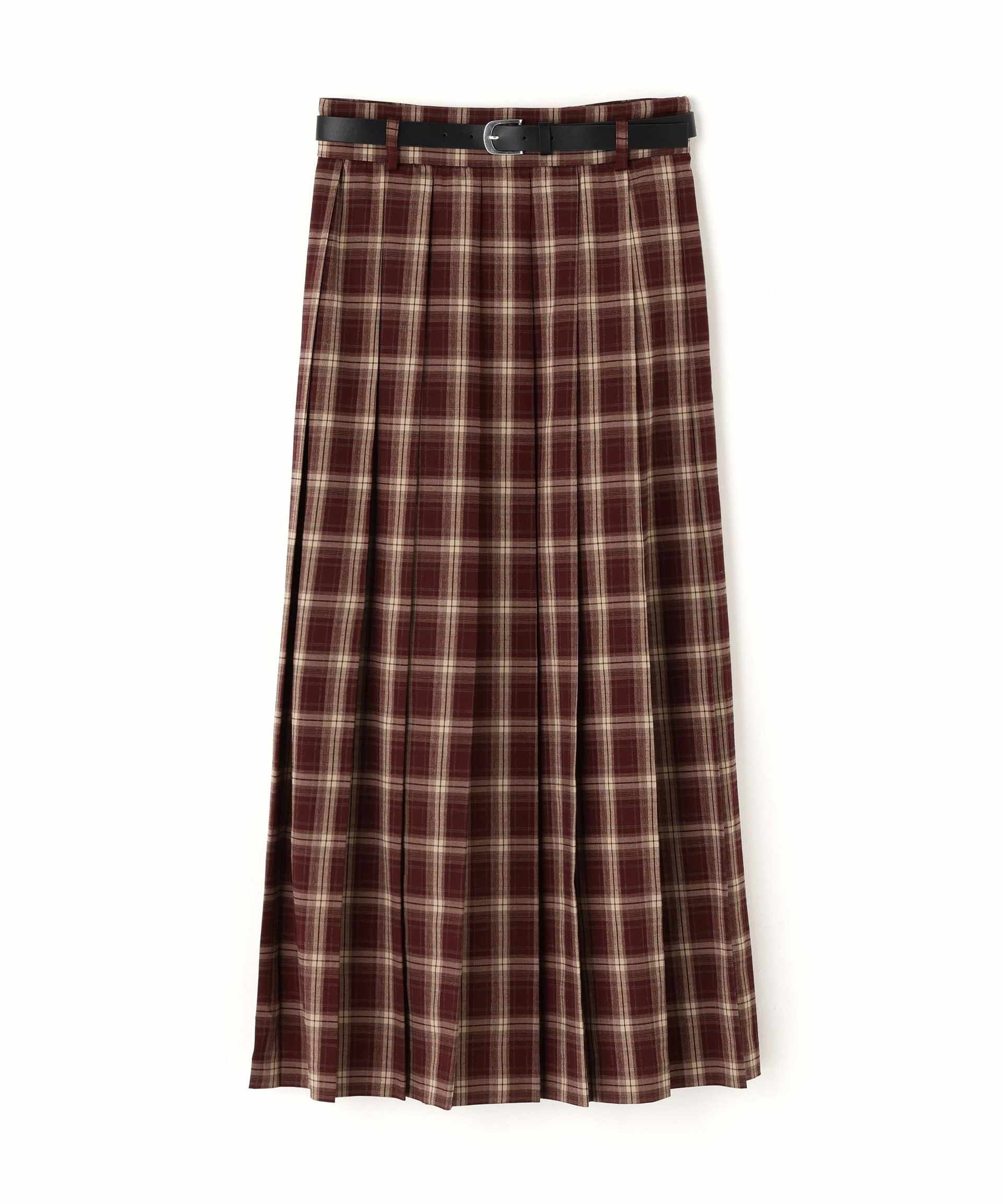 ベルテッドチェックプリーツスカート バーガンディー系2
