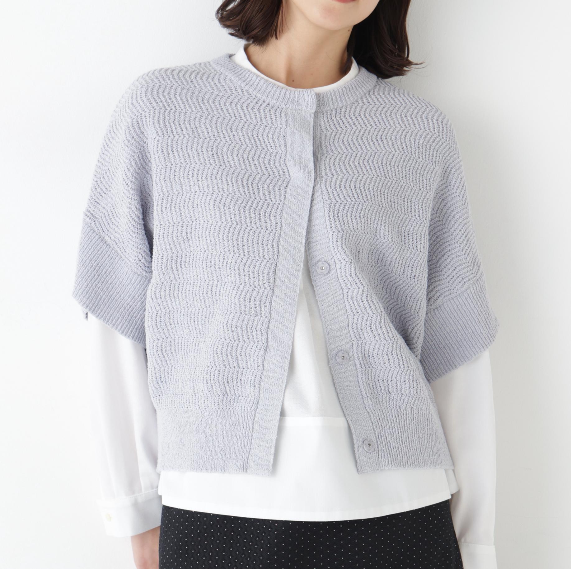 綿ポリエステルヘリンボーン柄半袖はおり グレー