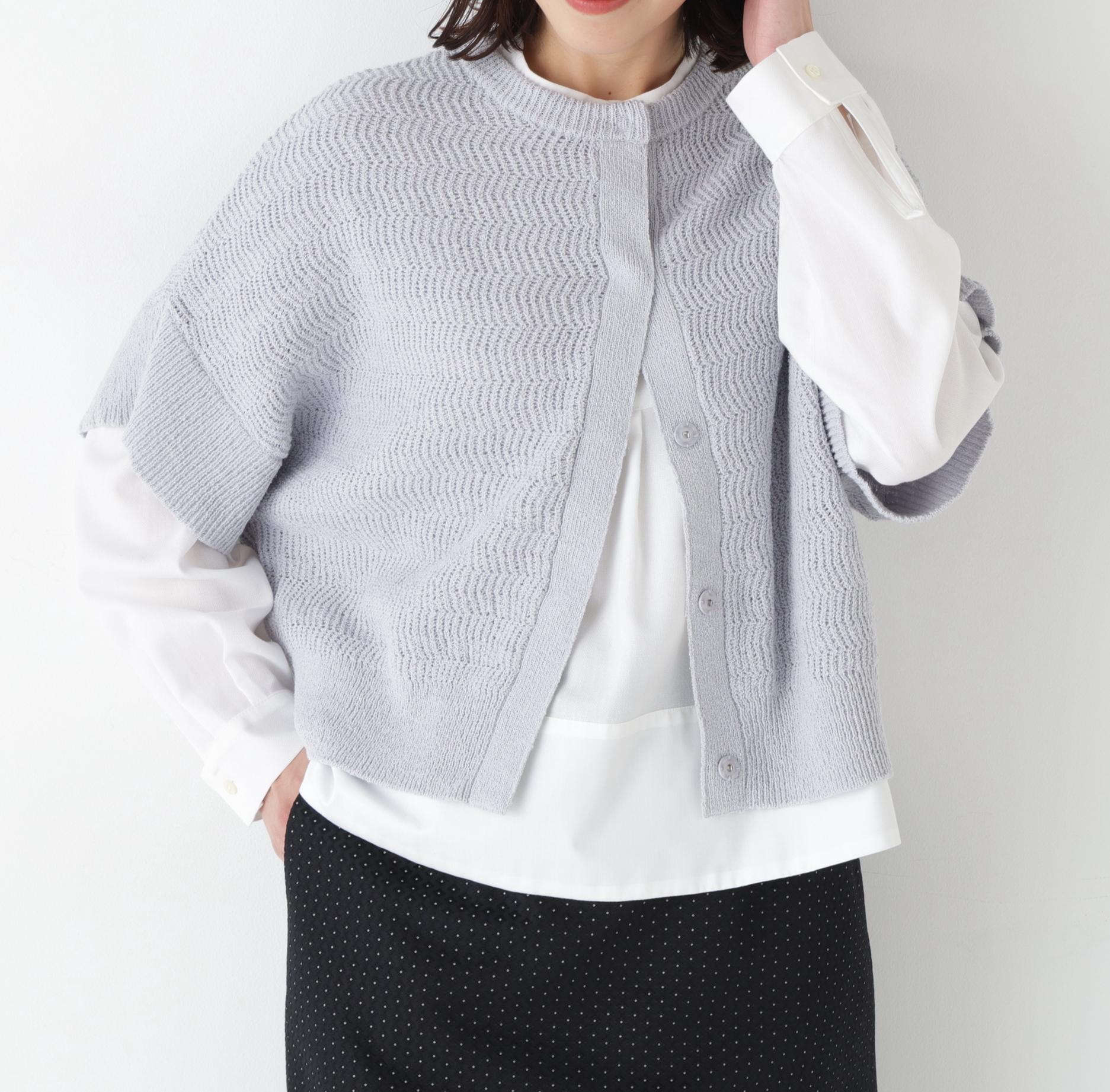 綿ポリエステルヘリンボーン柄半袖はおり グレー