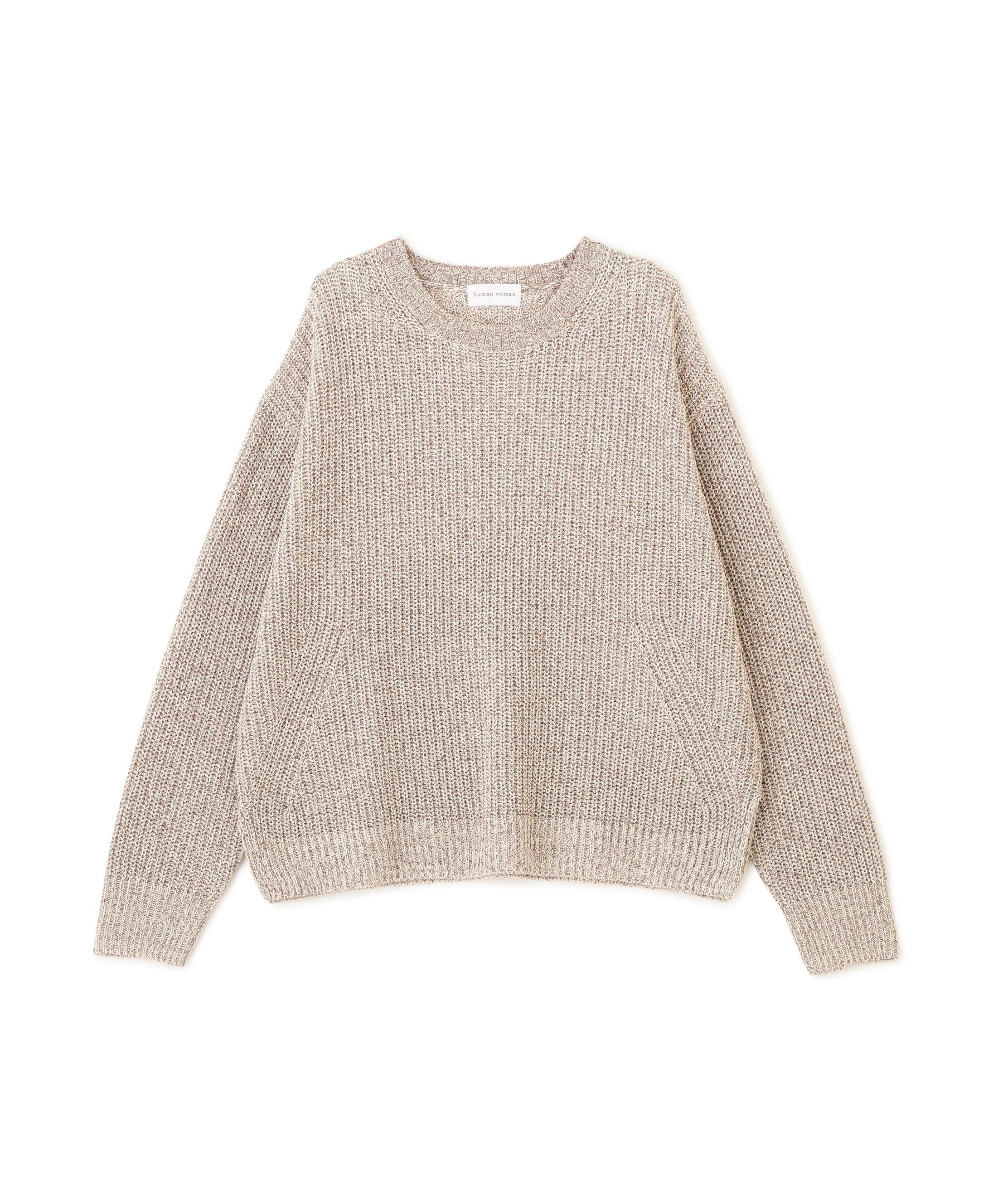 ネップ入ペーパーヤーン片畦クルーネックプルオーバー ブラウン