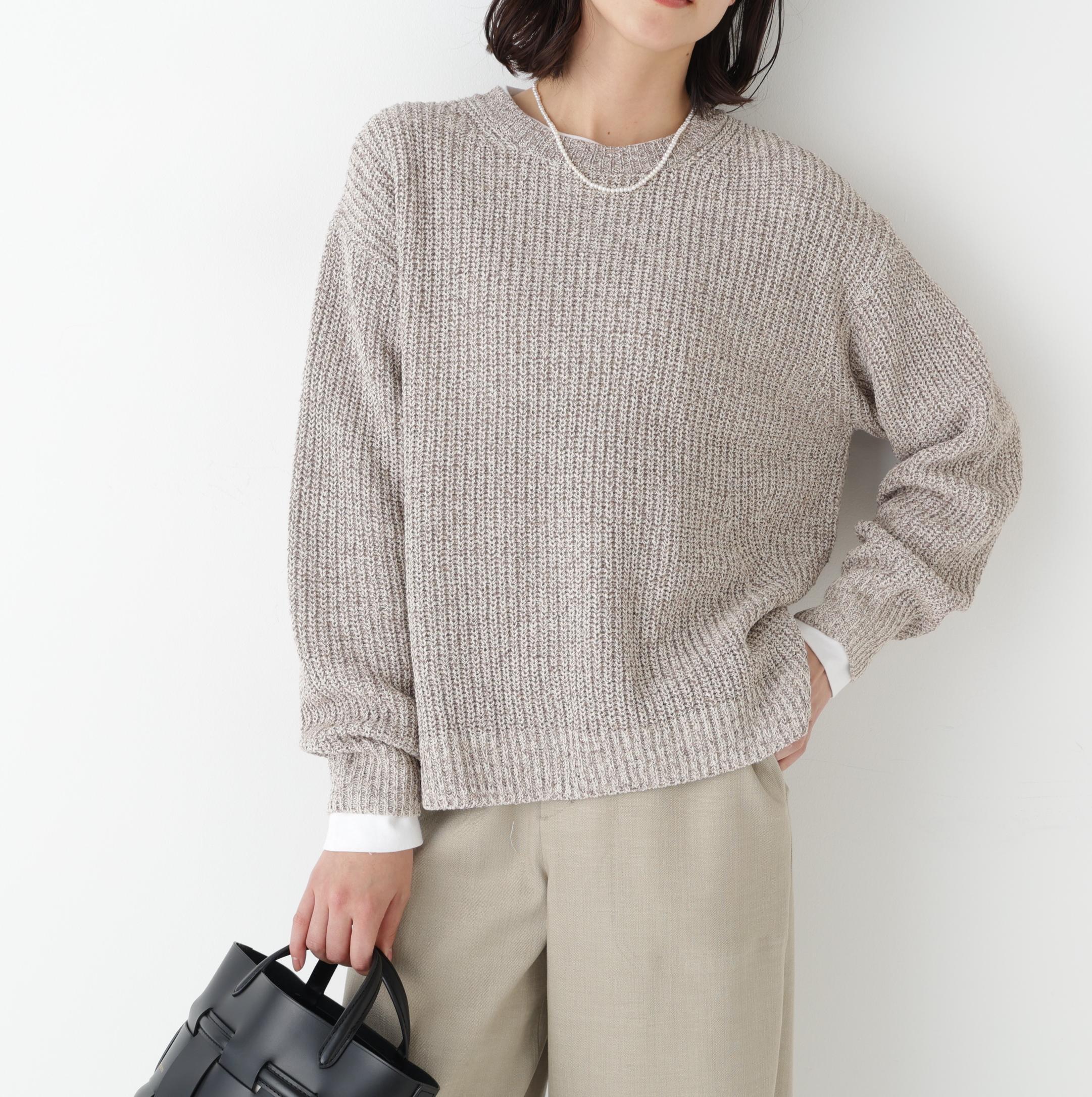 ネップ入ペーパーヤーン片畦クルーネックプルオーバー ブラウン